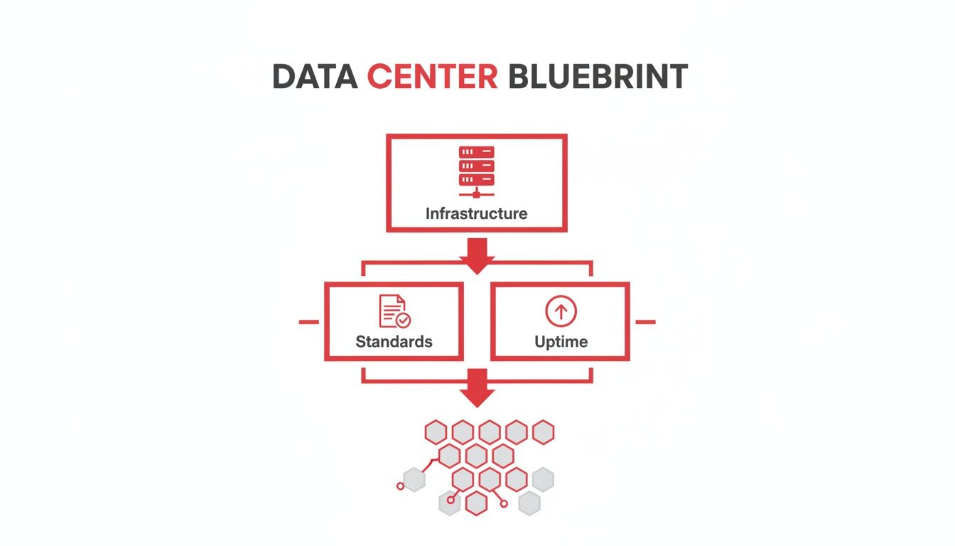 A data center blueprint flowchart showing infrastructure leading to standards, uptime, and a connected hexagonal network.