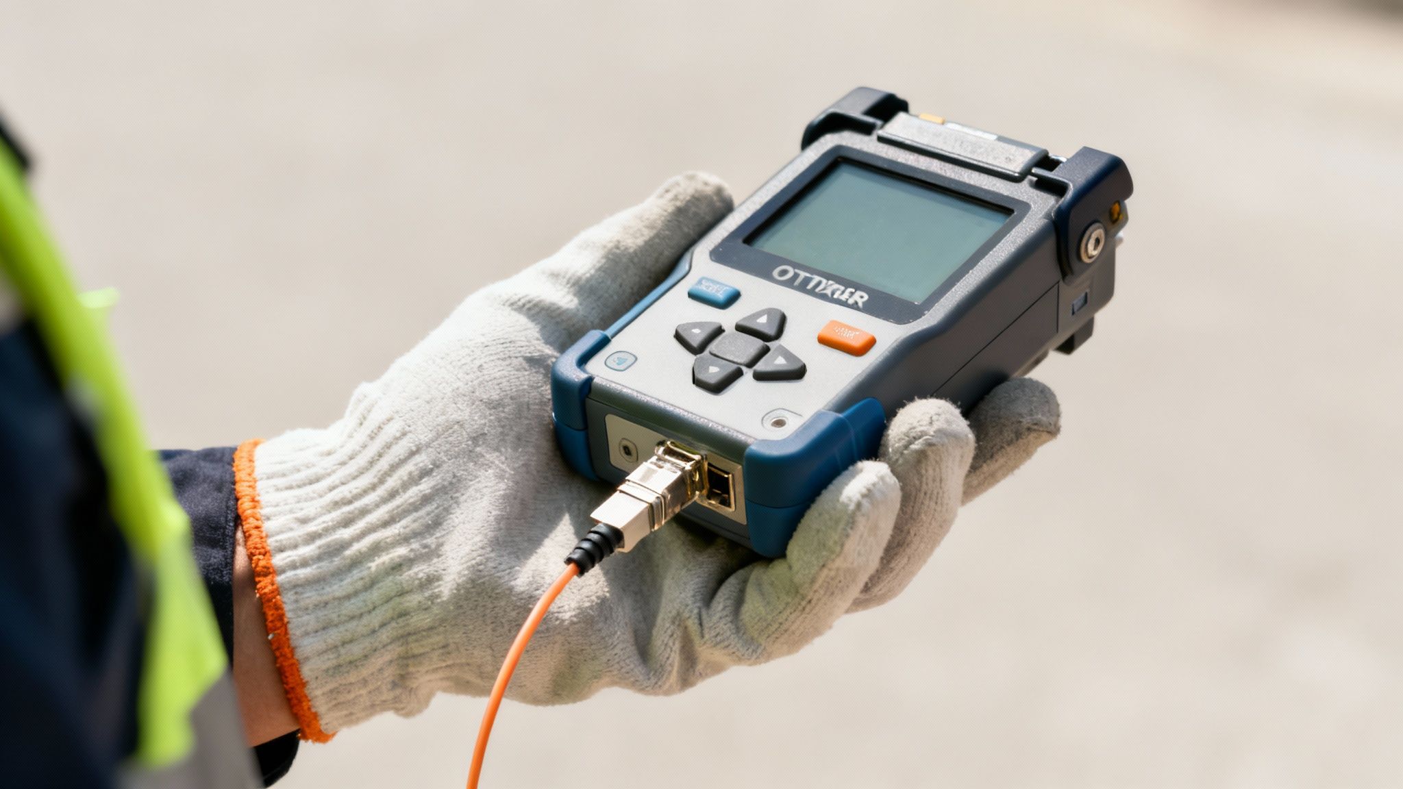 A technician's gloved hand holds an OTTIKER OTDR, connected to an orange fiber optic cable, for testing.
