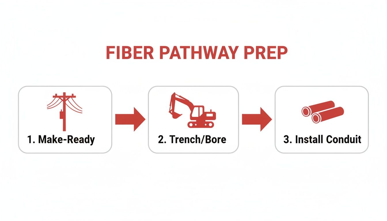 Diagram showing three steps for fiber pathway preparation: make-ready, trenching/boring, and conduit installation.