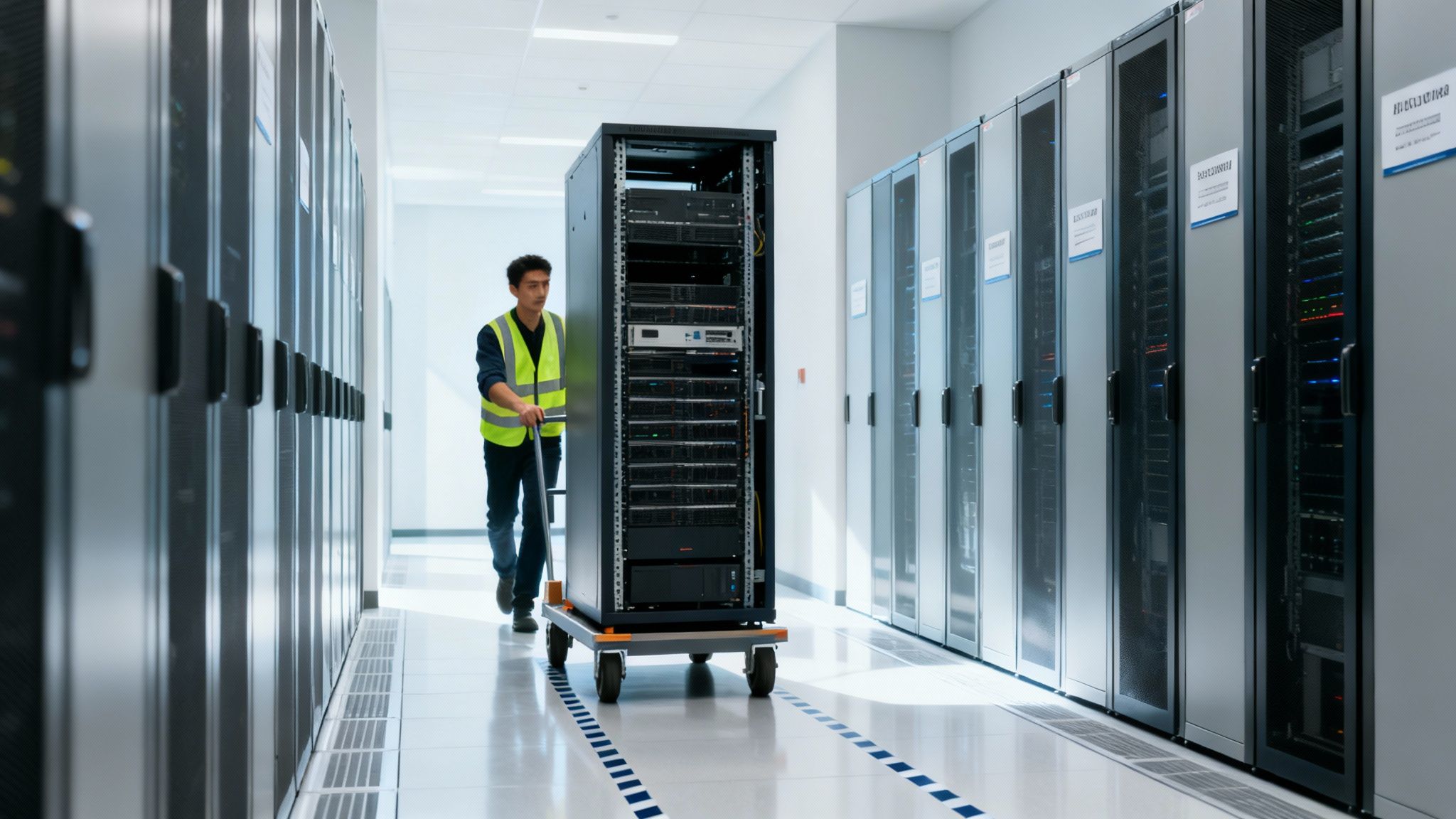 A technician in a safety vest moves a server rack on a cart through a data center.