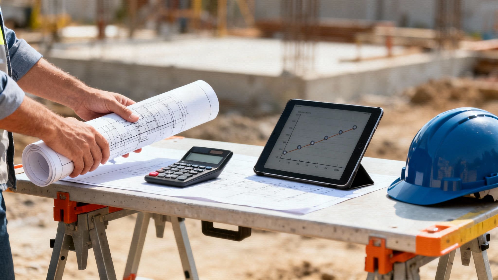 A construction worker reviewing blueprints, with a tablet, calculator, and hard hat on a table at a construction site.