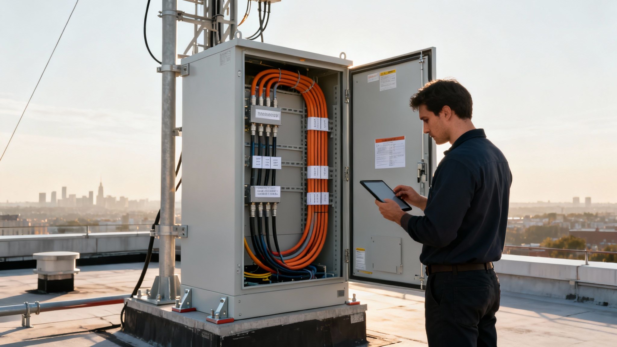 A technician on a rooftop works with cell site equipment, viewing data on a tablet.
