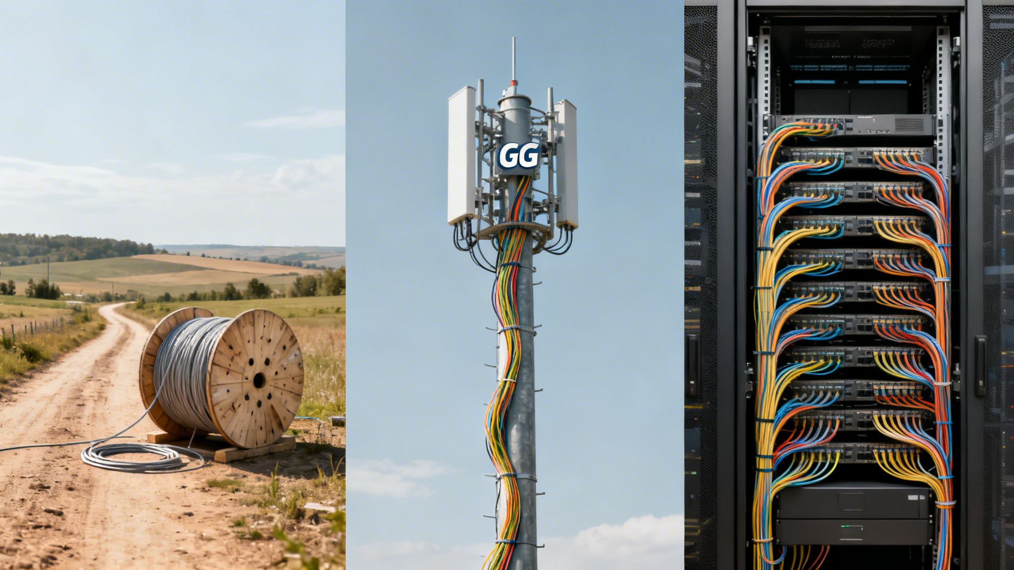 A three-panel image showing fiber optic cable deployment, a cell tower, and a server rack.