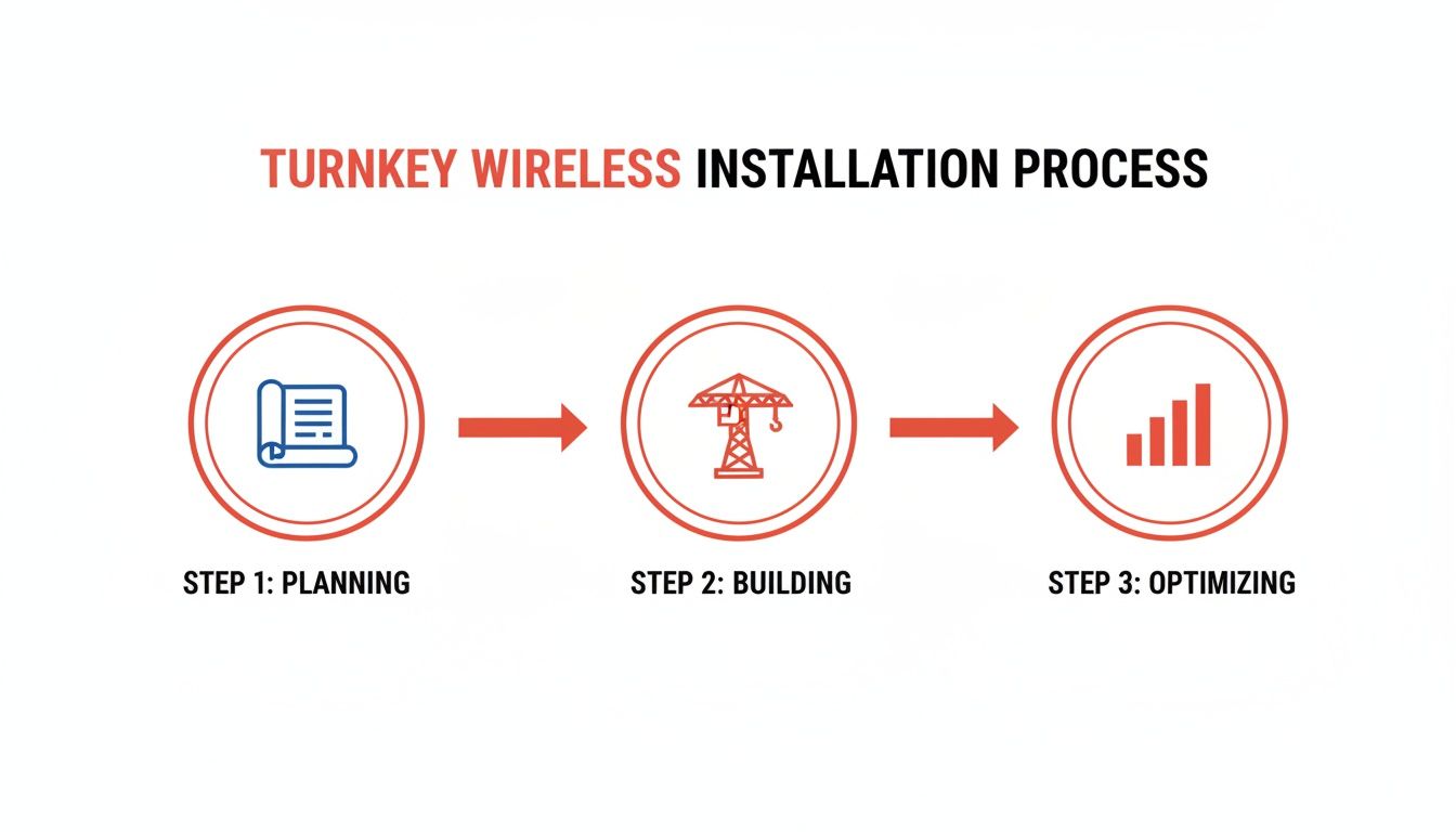 A three-step turnkey wireless installation process showing planning, building, and optimizing stages.