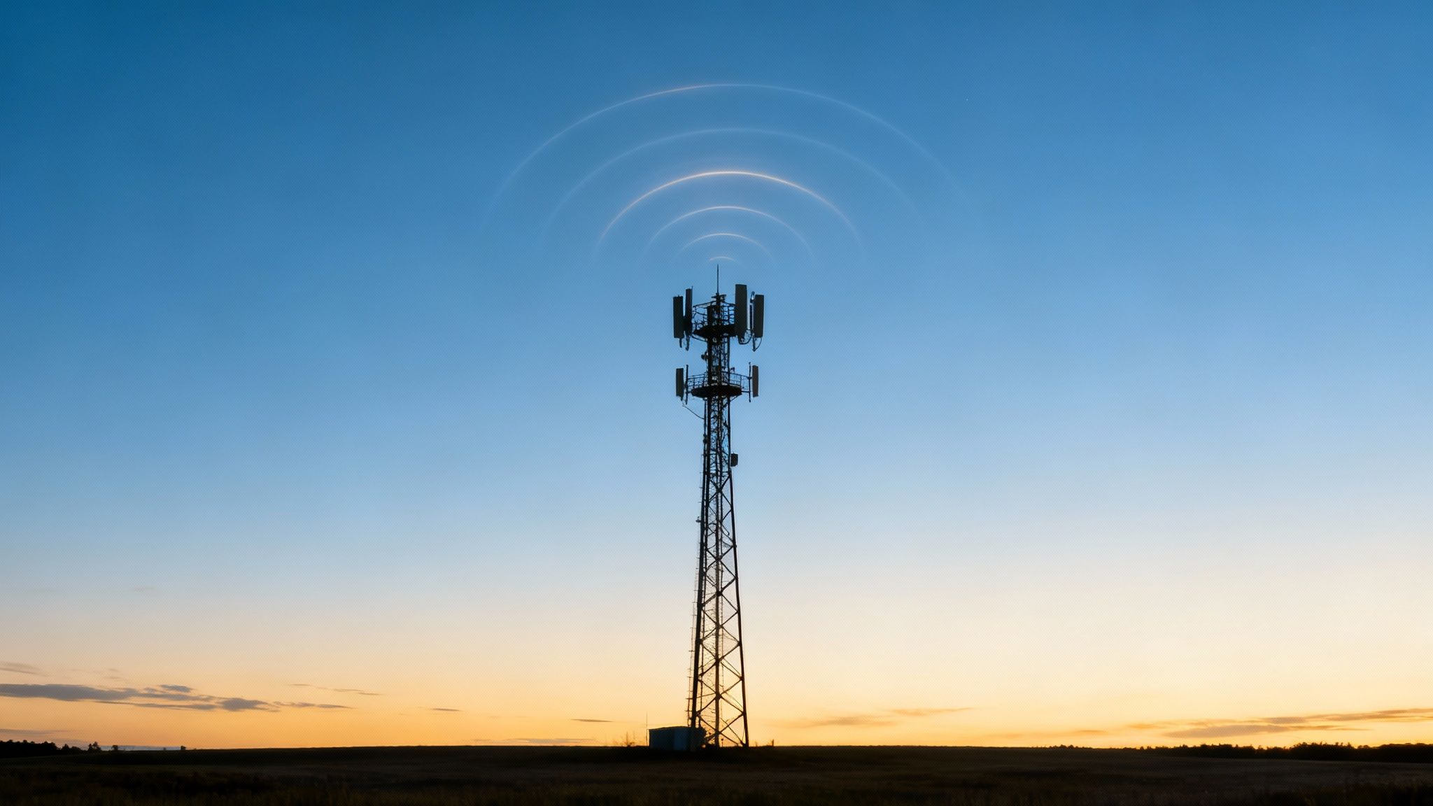 Silhouette of a cell tower emitting glowing signal waves against a beautiful sunset sky.