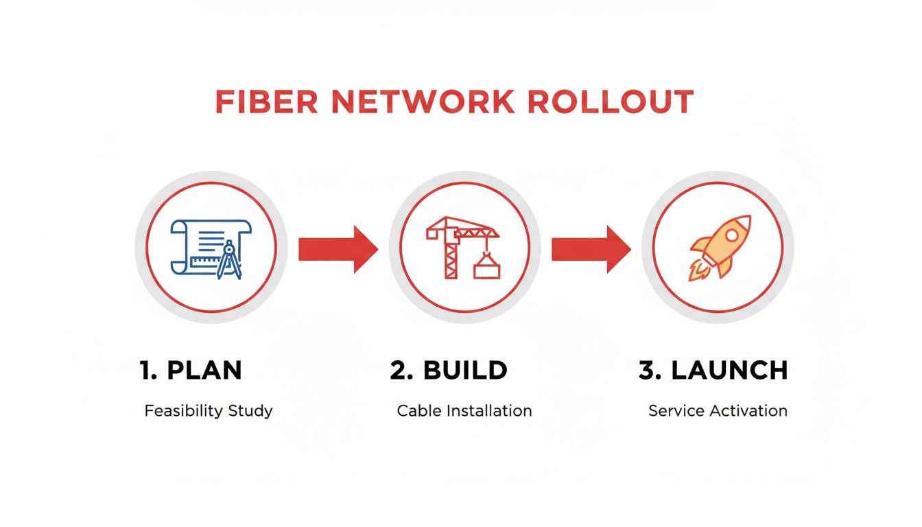 Infographic showing three steps for fiber network rollout: Plan, Build, Launch, with descriptions.