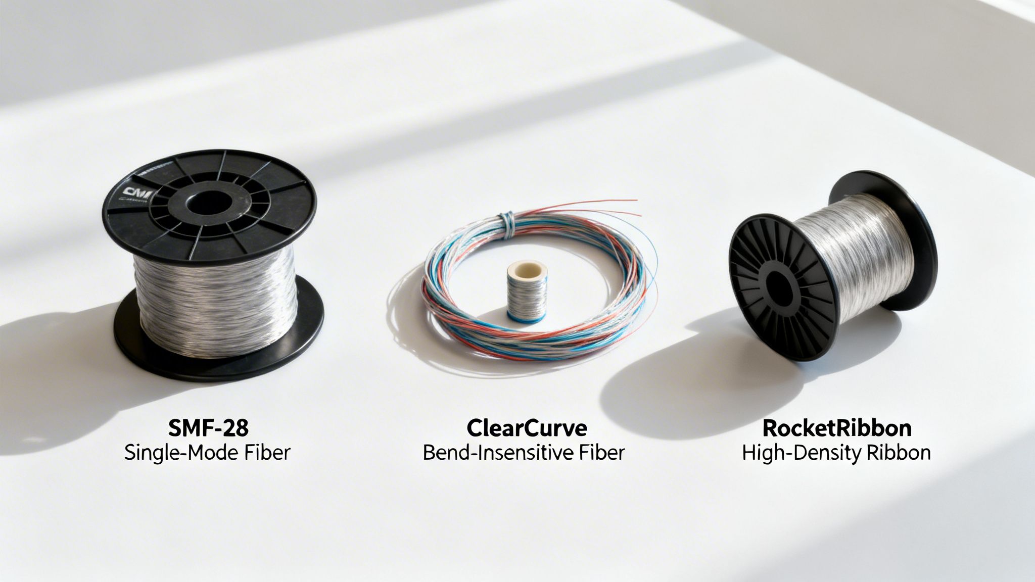 Three optical fiber products: SMF-28 single-mode, ClearCurve bend-insensitive, and RocketRibbon high-density ribbon.