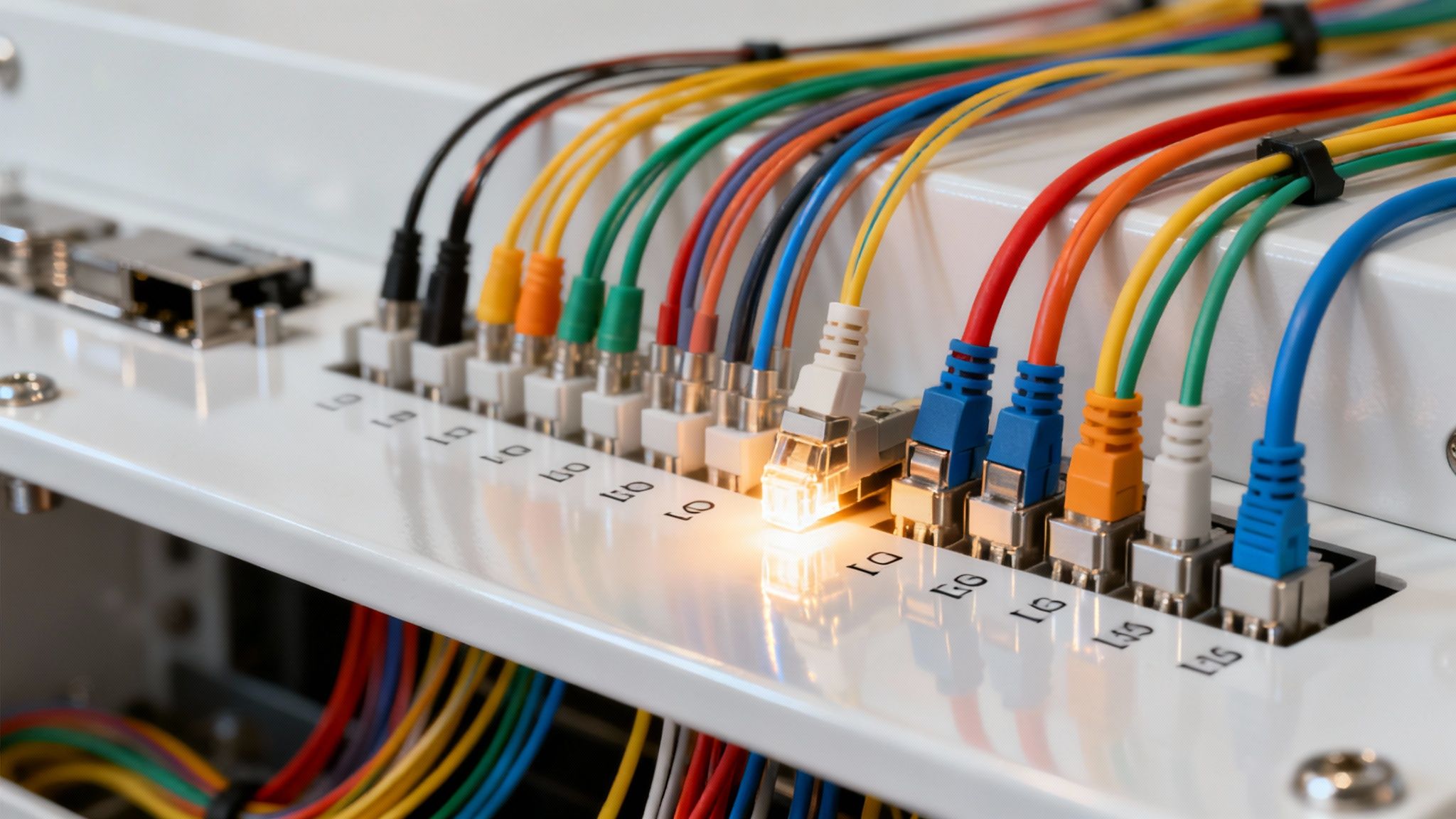 Close-up of colorful fiber optic cables plugged into a white patch panel, with one connector glowing.