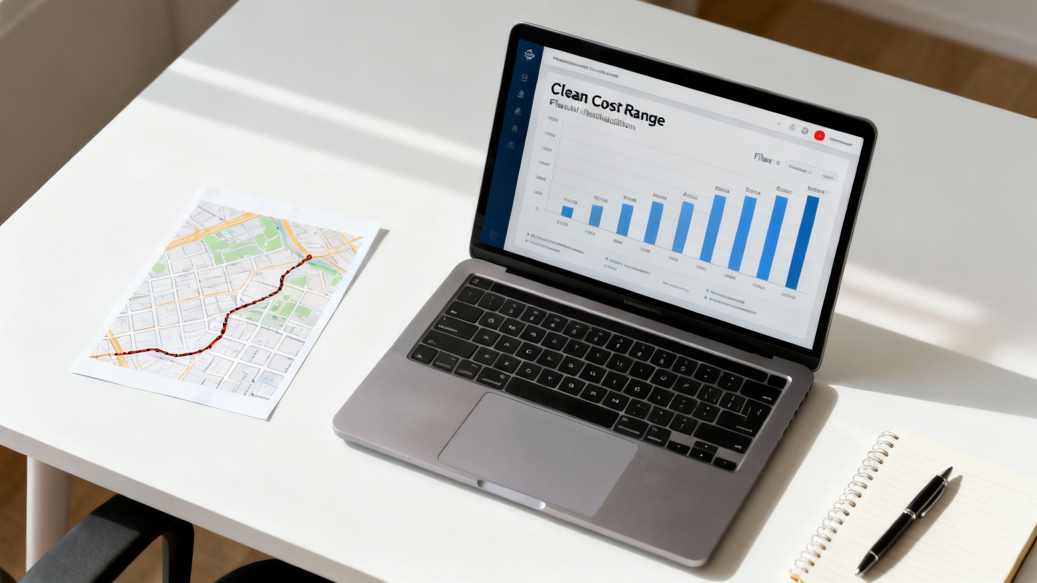 Overhead view of a laptop displaying a cost range chart, a map with a route, and a notebook on a white desk.
