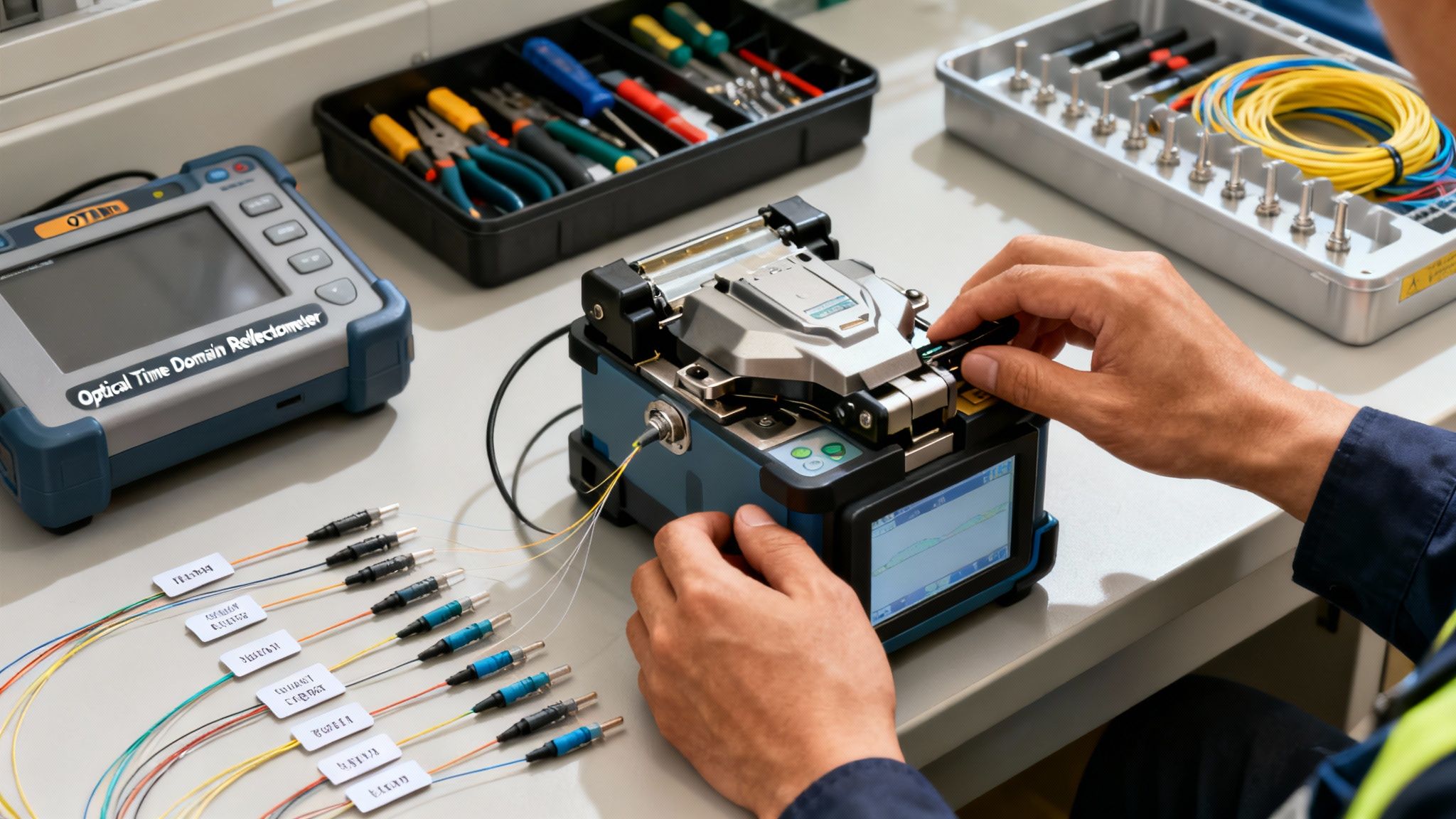 Technician working with fiber optic cables, an OTDR, and fusion splicer in a lab.
