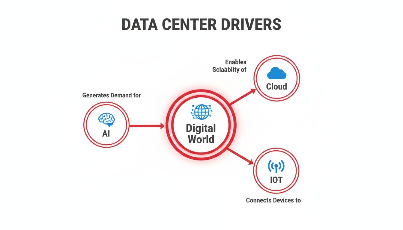 A diagram illustrating data center drivers: AI, Cloud, and IoT driven by the Digital World.