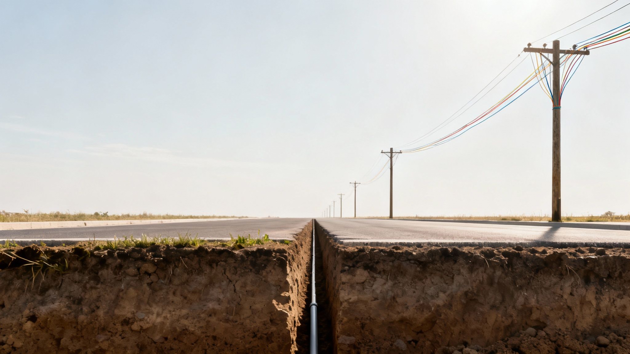 A road split by a trench for a pipe, with colorful power lines on utility poles.