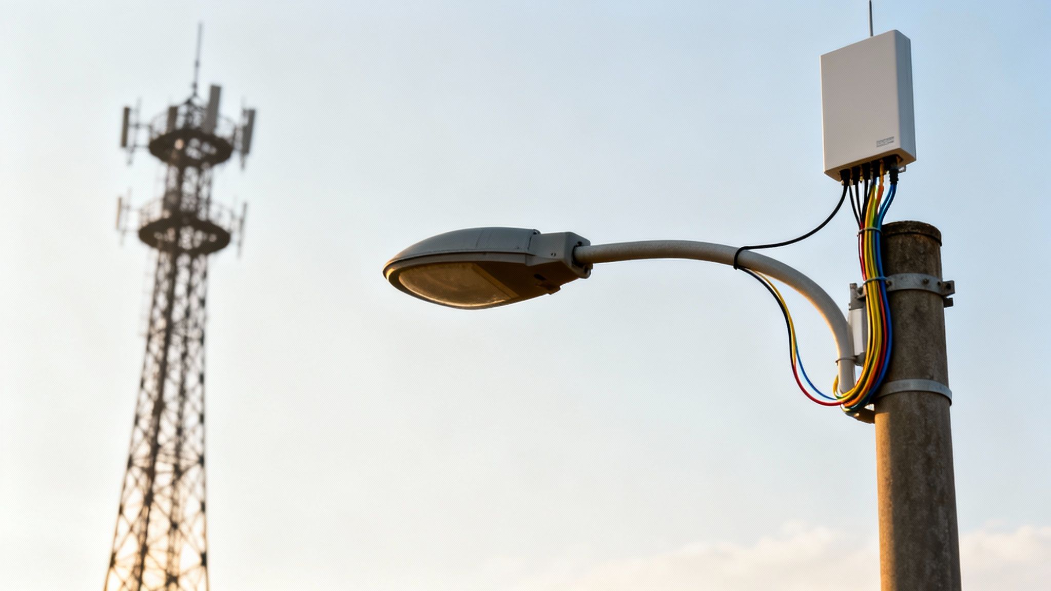 A street light pole with white wireless network equipment and colorful cables, a blurred telecom tower in the background.