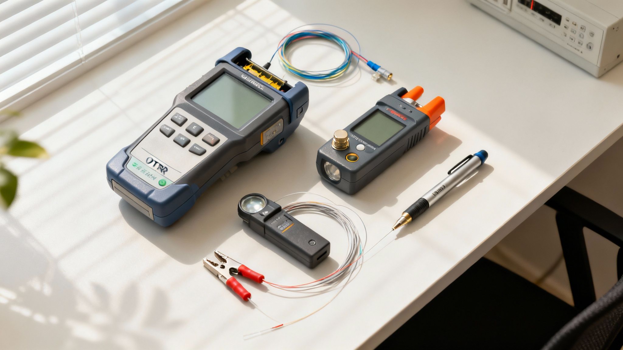 A collection of fiber optic testing equipment, including an OTDR, power meter, and cables, on a white desk.