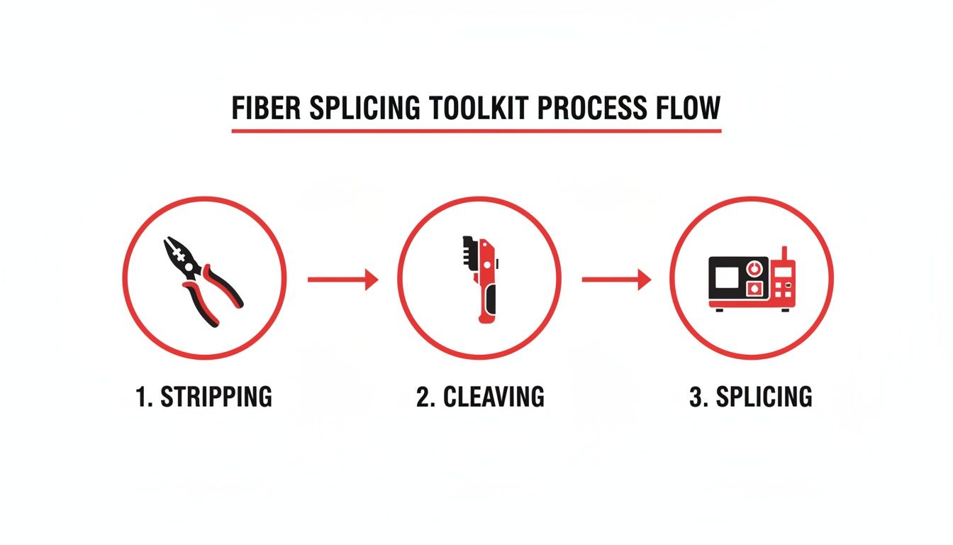 A fiber splicing toolkit process flow diagram showing three steps: stripping with pliers, cleaving, and splicing with a machine.