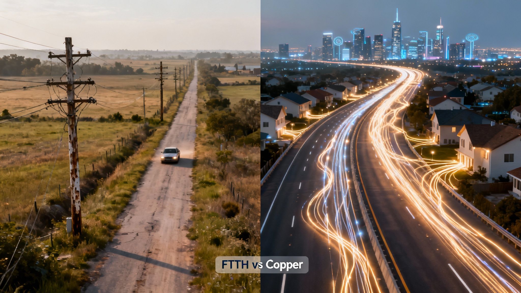 Contrast of old copper infrastructure on a rural road versus modern FTTH fiber in a futuristic city.