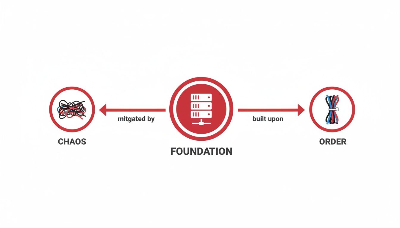 Diagram showing how a data center foundation transforms tangled cables (chaos) into organized order.