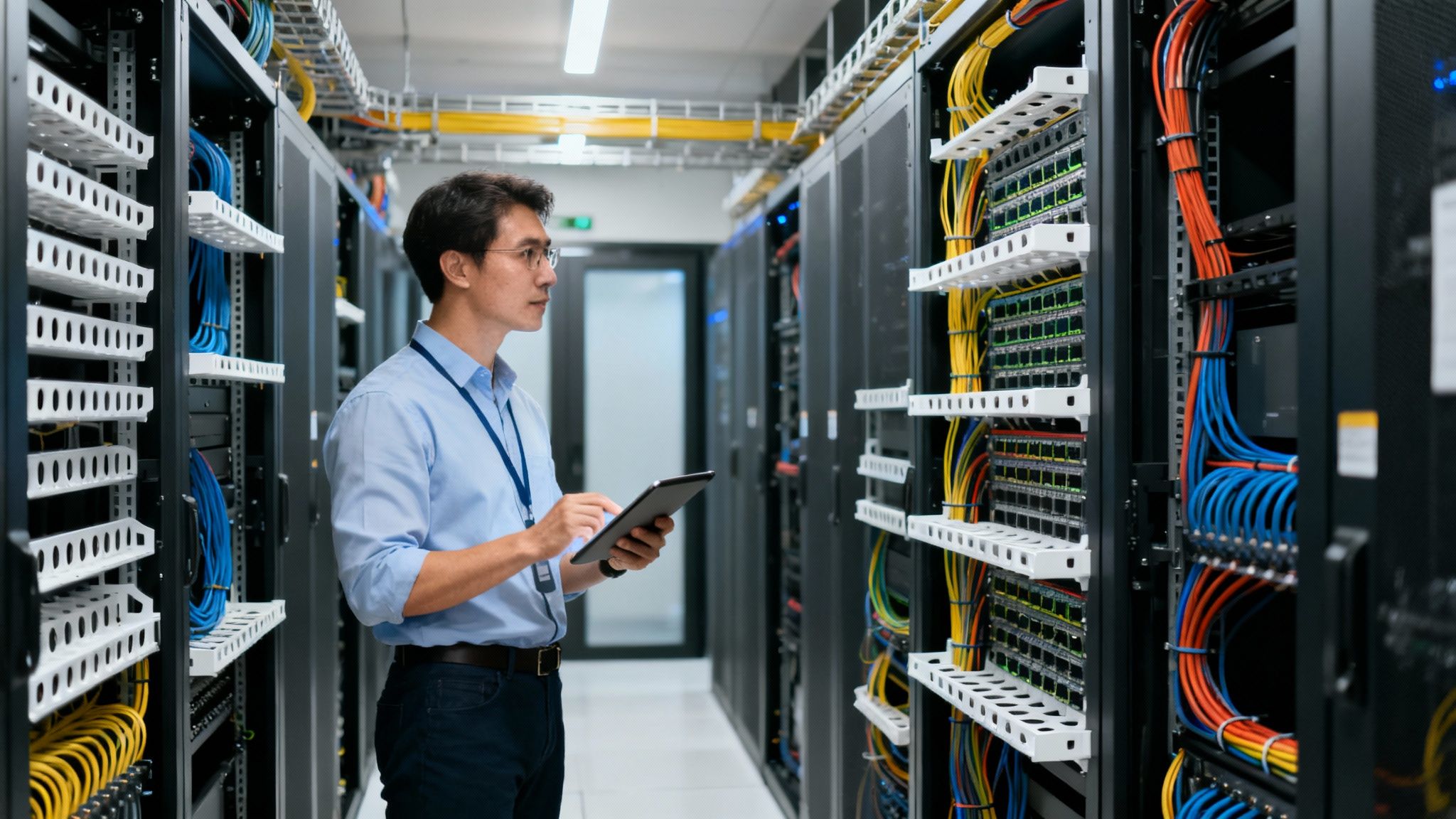 An IT professional uses a tablet to inspect colorful server cables in a modern data center.