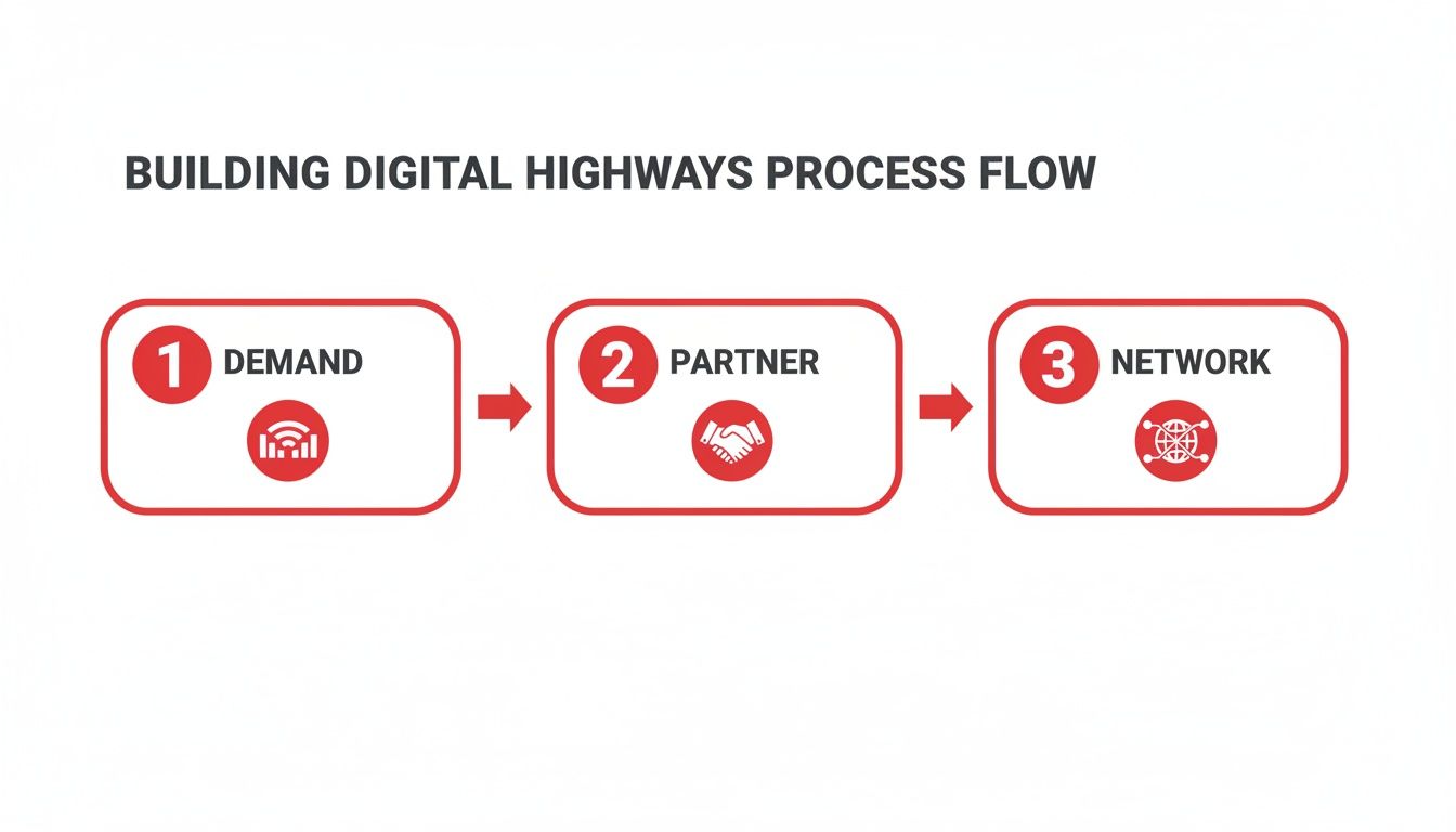 A three-step process flow for building digital highways: Demand, Partner, and Network.
