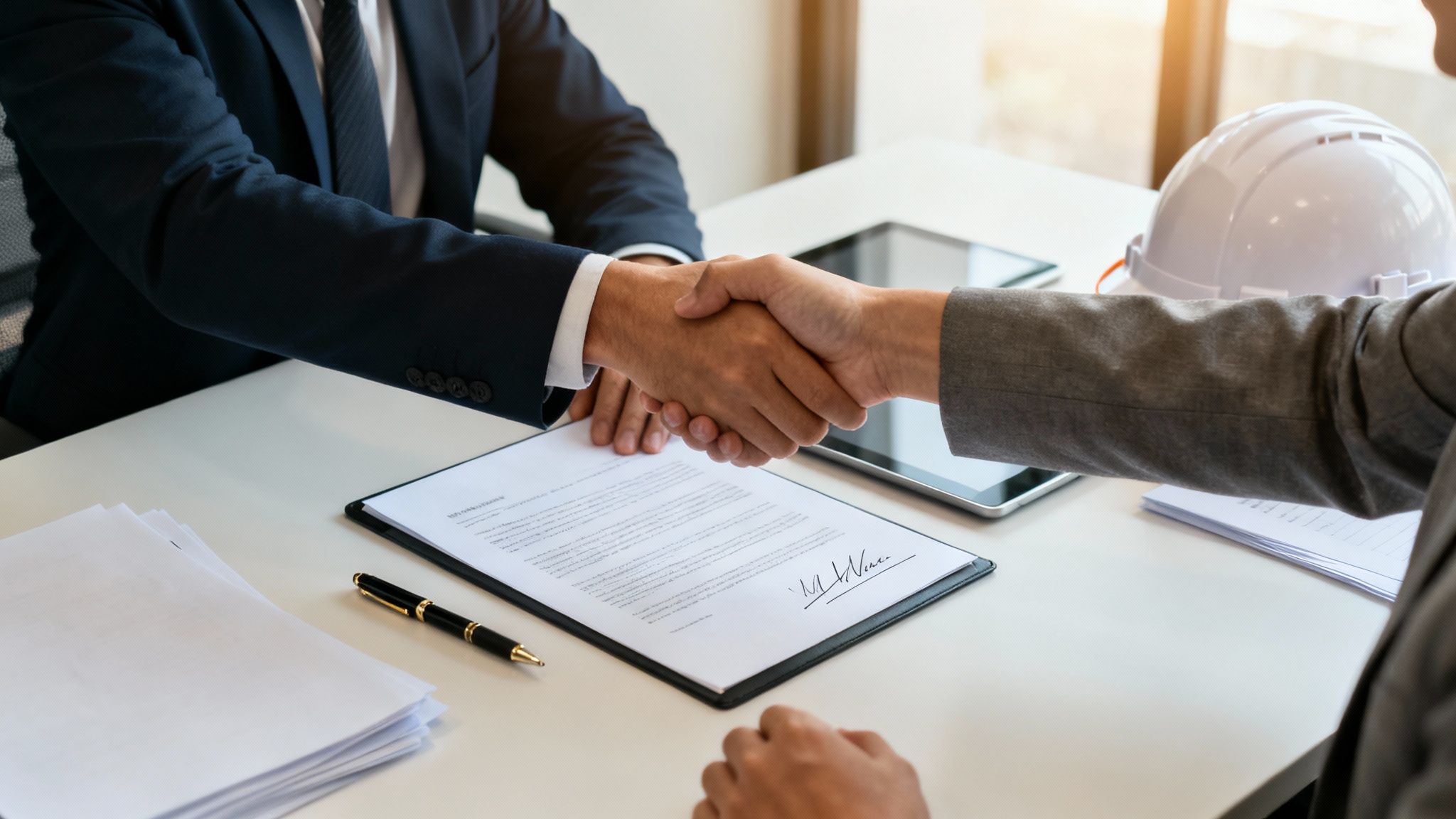 Two professionals shaking hands over a signed contract, symbolizing a business agreement or partnership.