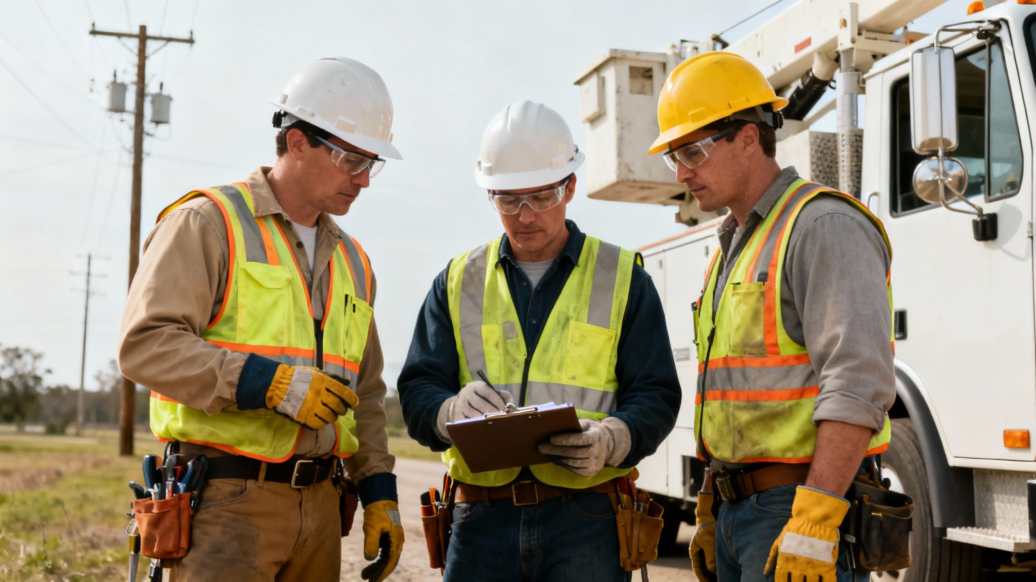 Three power line construction contractors in hard hats and vests discussing work with a clipboard.
