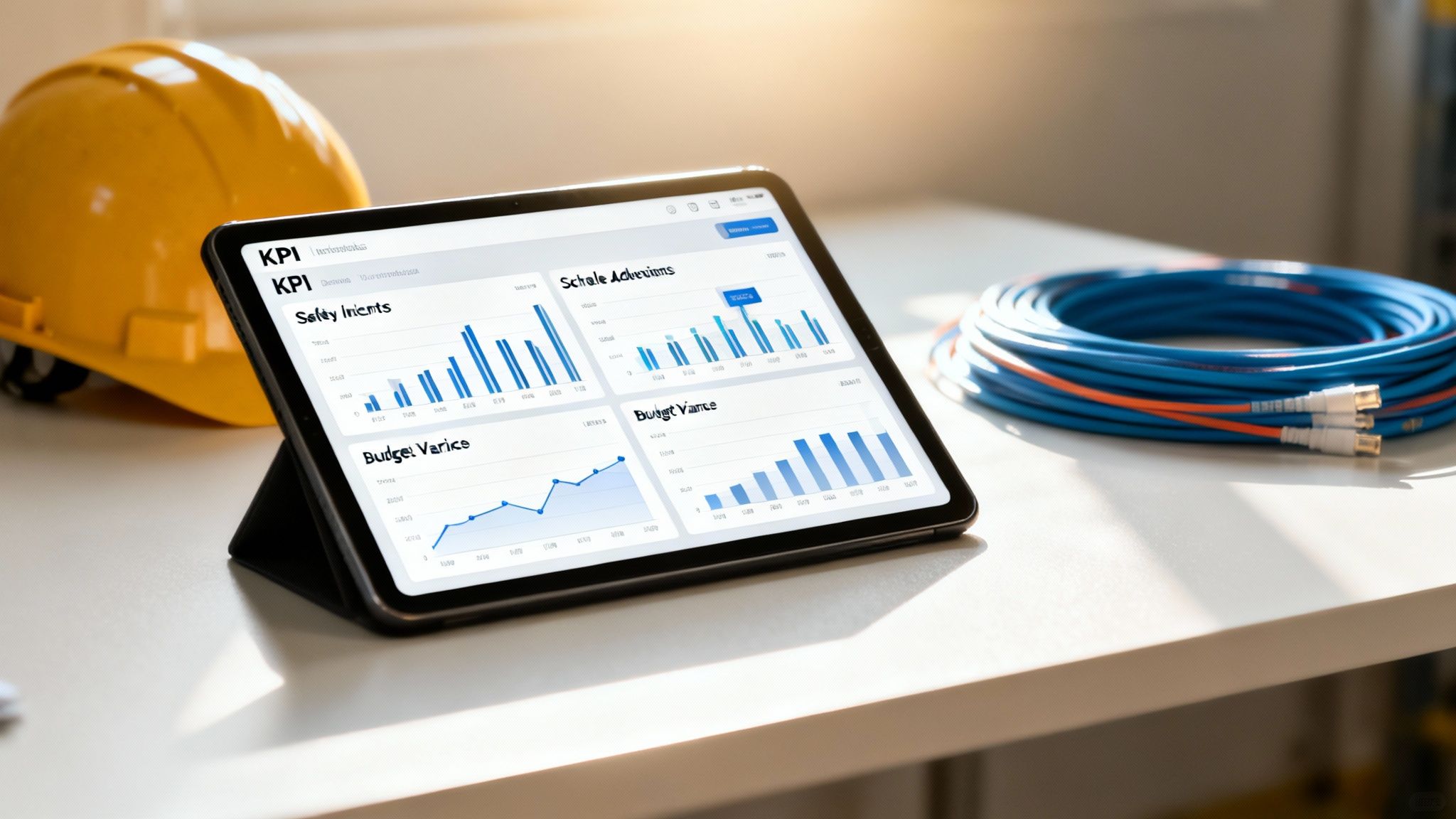 A tablet displaying a KPI dashboard for construction safety and budget alongside a hard hat and cables.