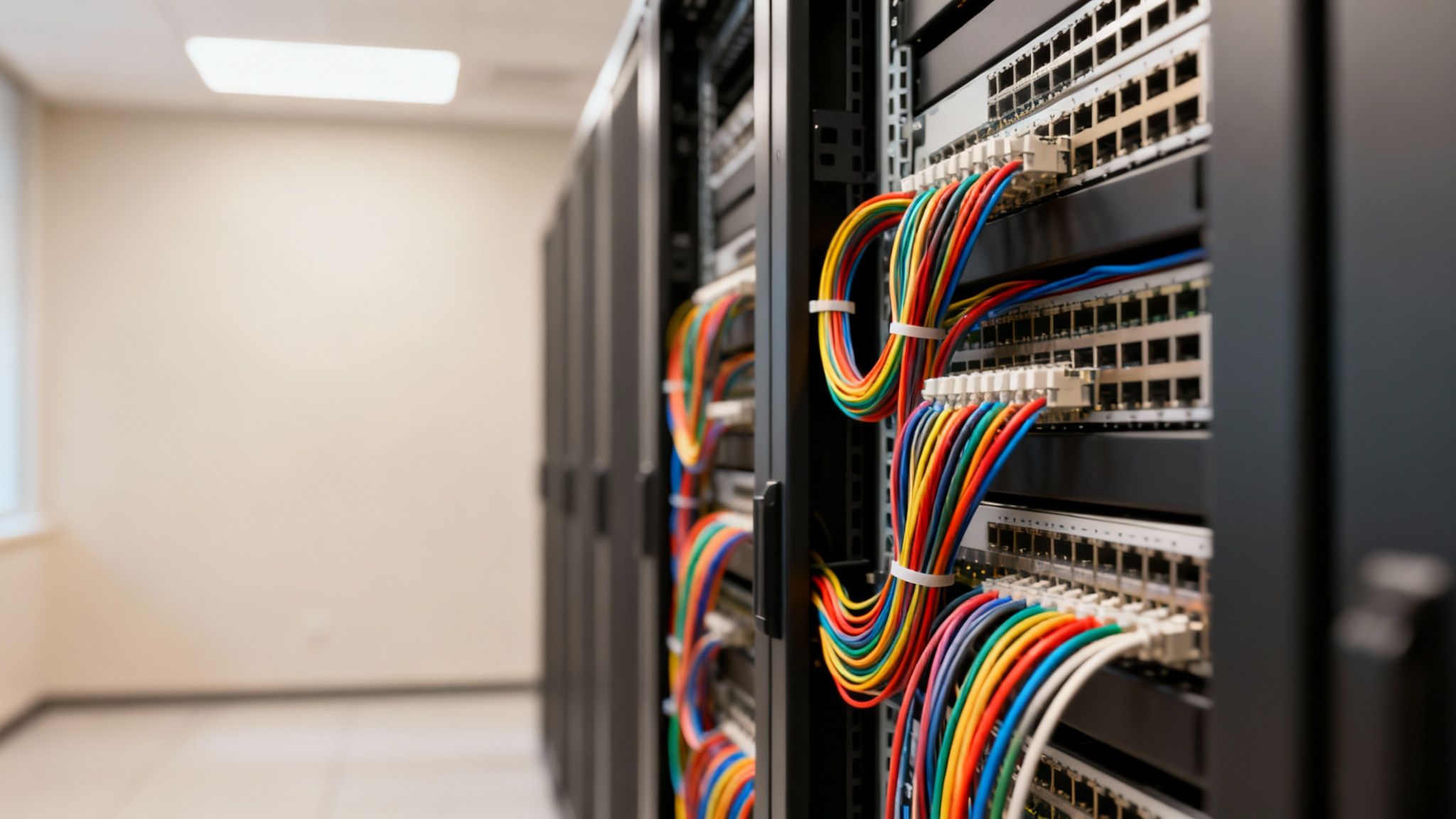 Close-up of organized, colorful network cables plugged into switches in a modern data center.