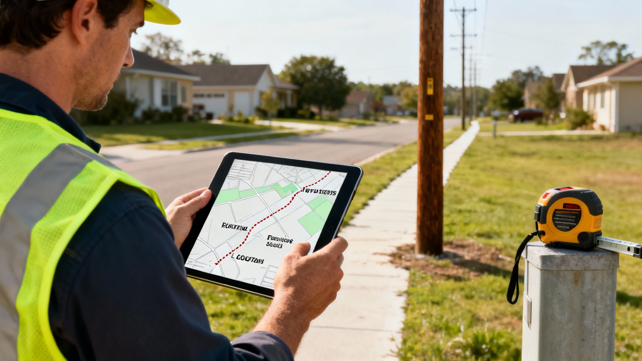 Engineer in a safety vest reviews a digital map on a tablet, planning fiber optic cable installation.