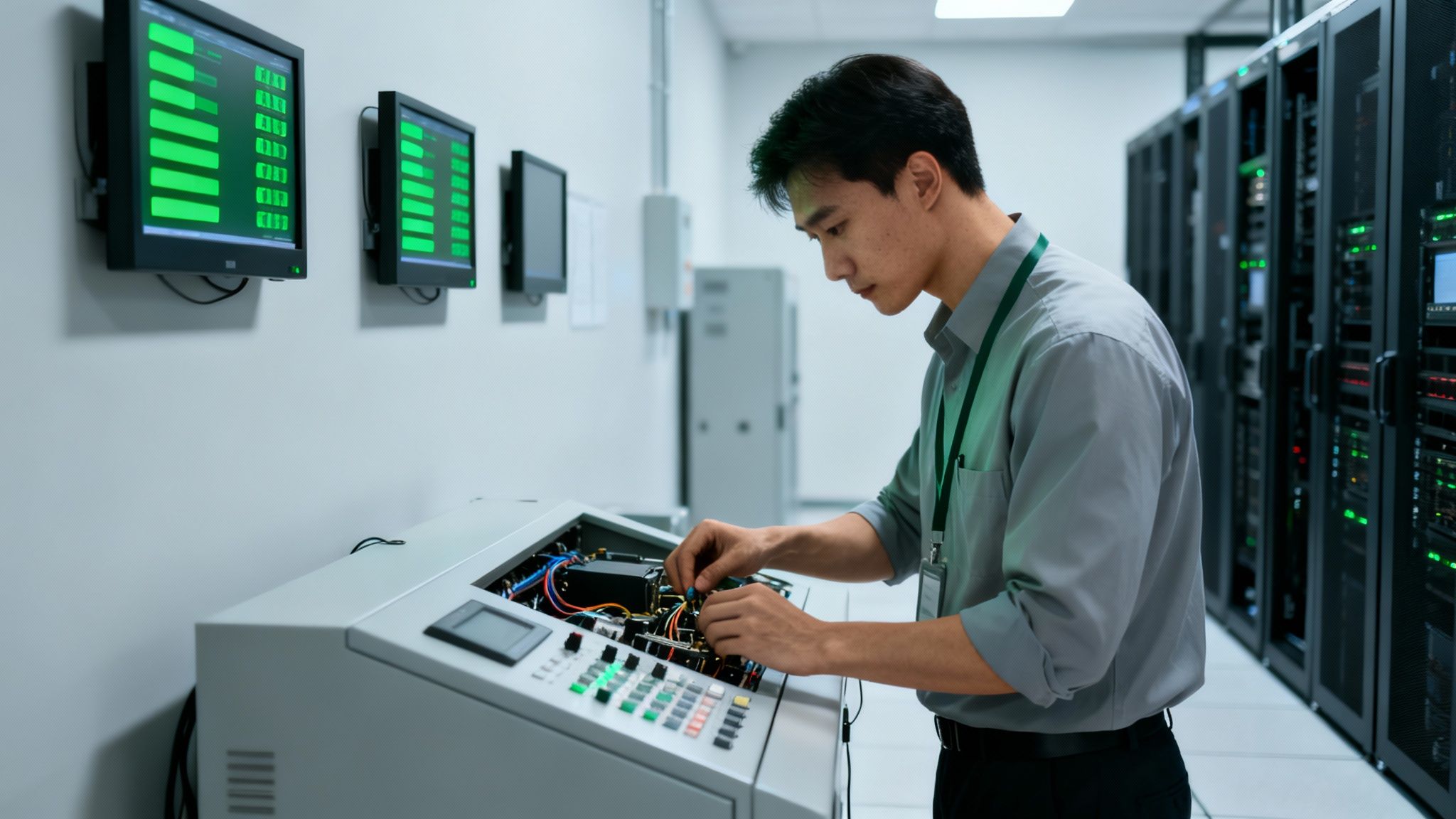 An IT technician working on equipment in a data center, with monitors displaying system status.