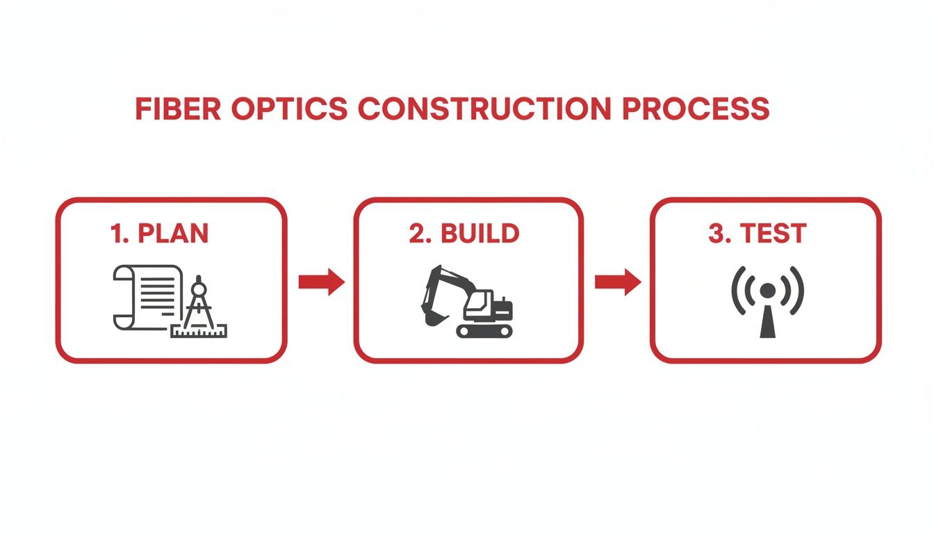 Diagram illustrating the three-step fiber optics construction process: Plan, Build, and Test.
