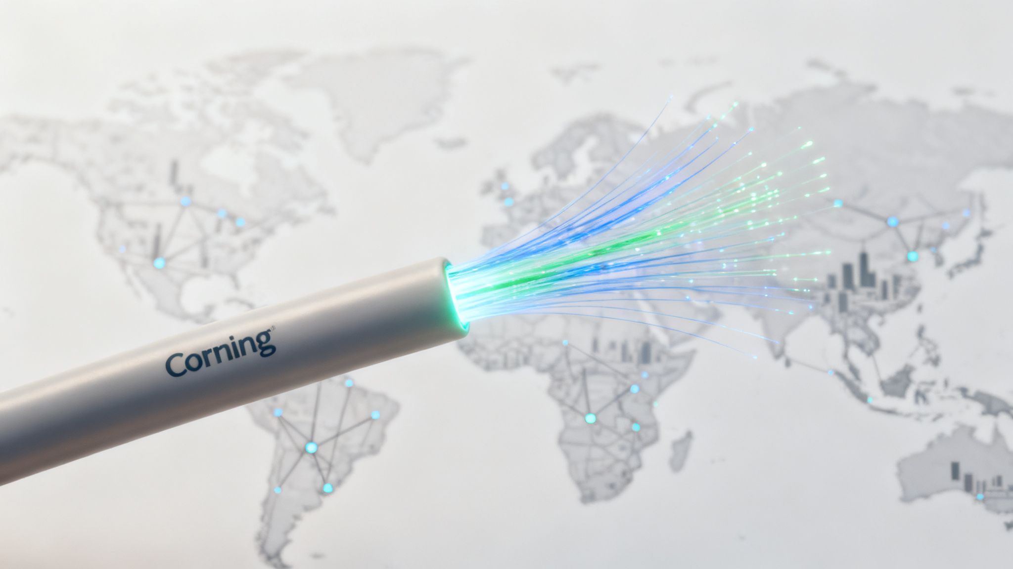 Corning fiber optic cable illuminating a world map with connected network points, representing global connectivity.