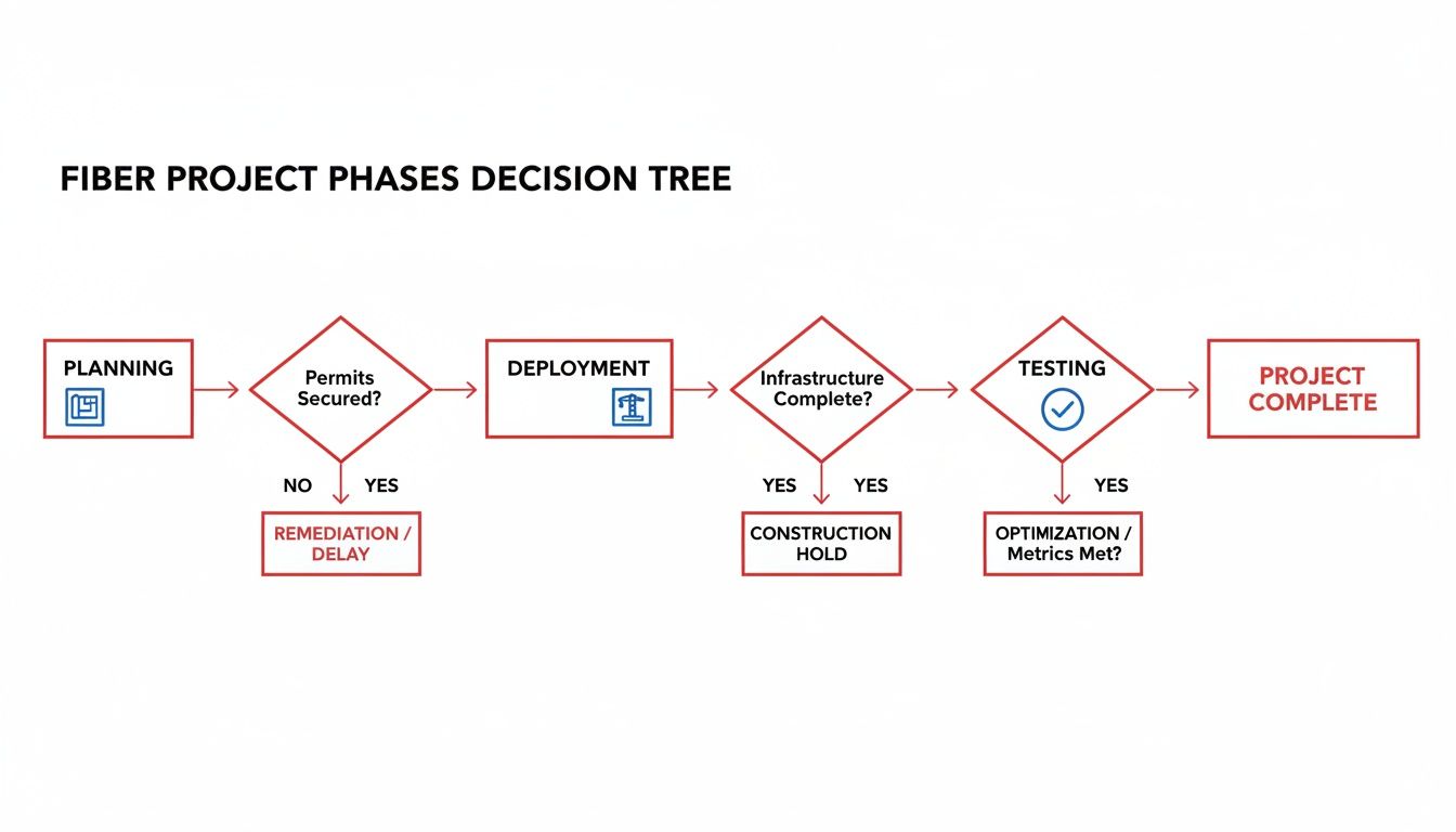 A flowchart illustrates the fiber project phases decision tree, from planning to project completion.