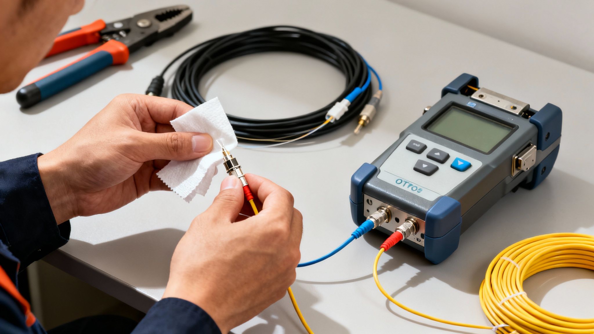 Technician cleaning a fiber optic connector with a cloth, surrounded by OTDR testing equipment.