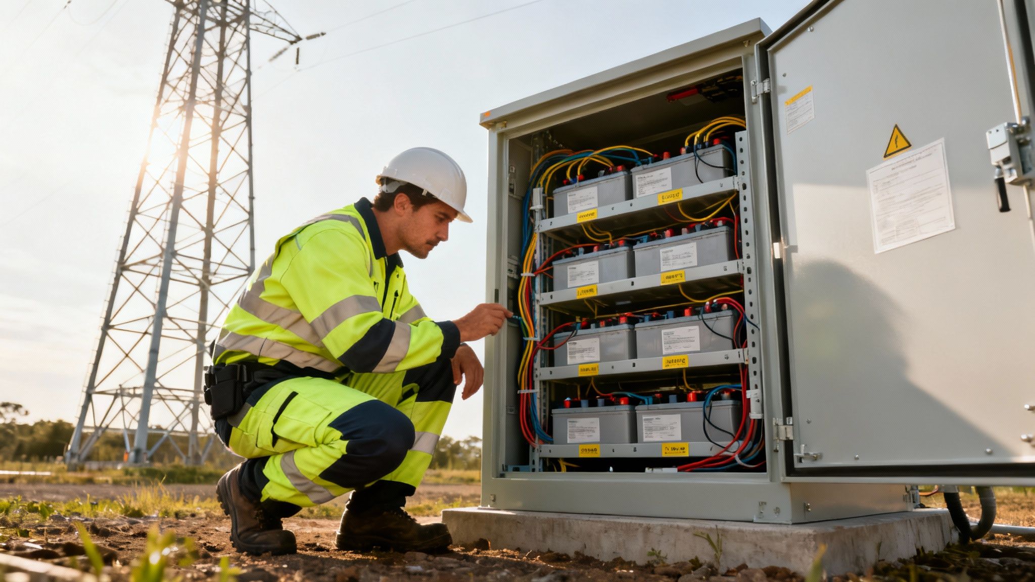 An electrician in safety gear inspects a battery storage cabinet next to a cell tower.