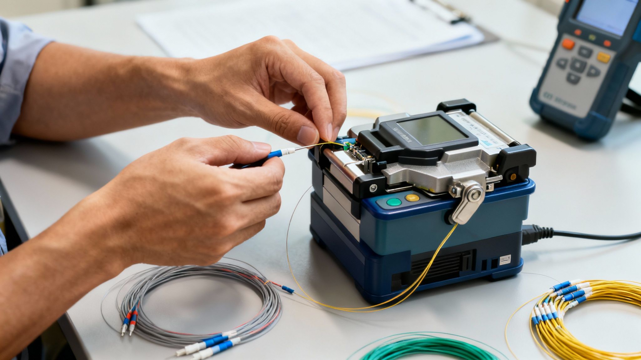 Close-up of hands connecting fiber optic cables with a fusion splicer on a workbench.