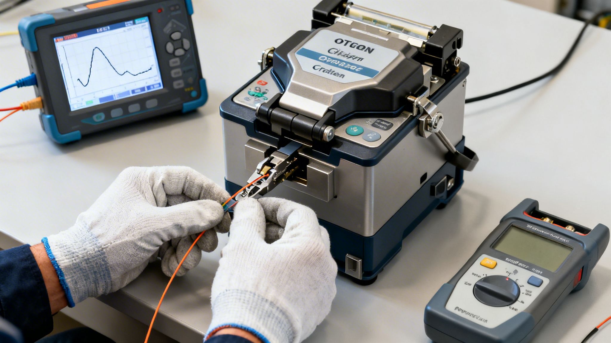 Technician's gloved hands precisely prepare optical fibers for fusion splicing with specialized tools.