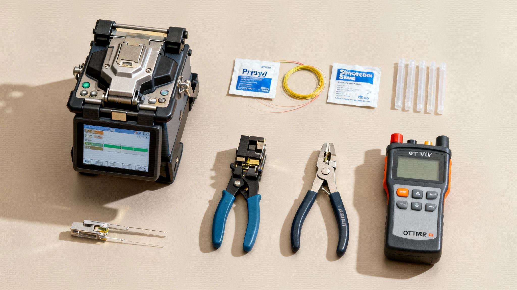 A comprehensive set of fiber optic splicing tools, including a fusion splicer and cables, laid out on a beige surface.