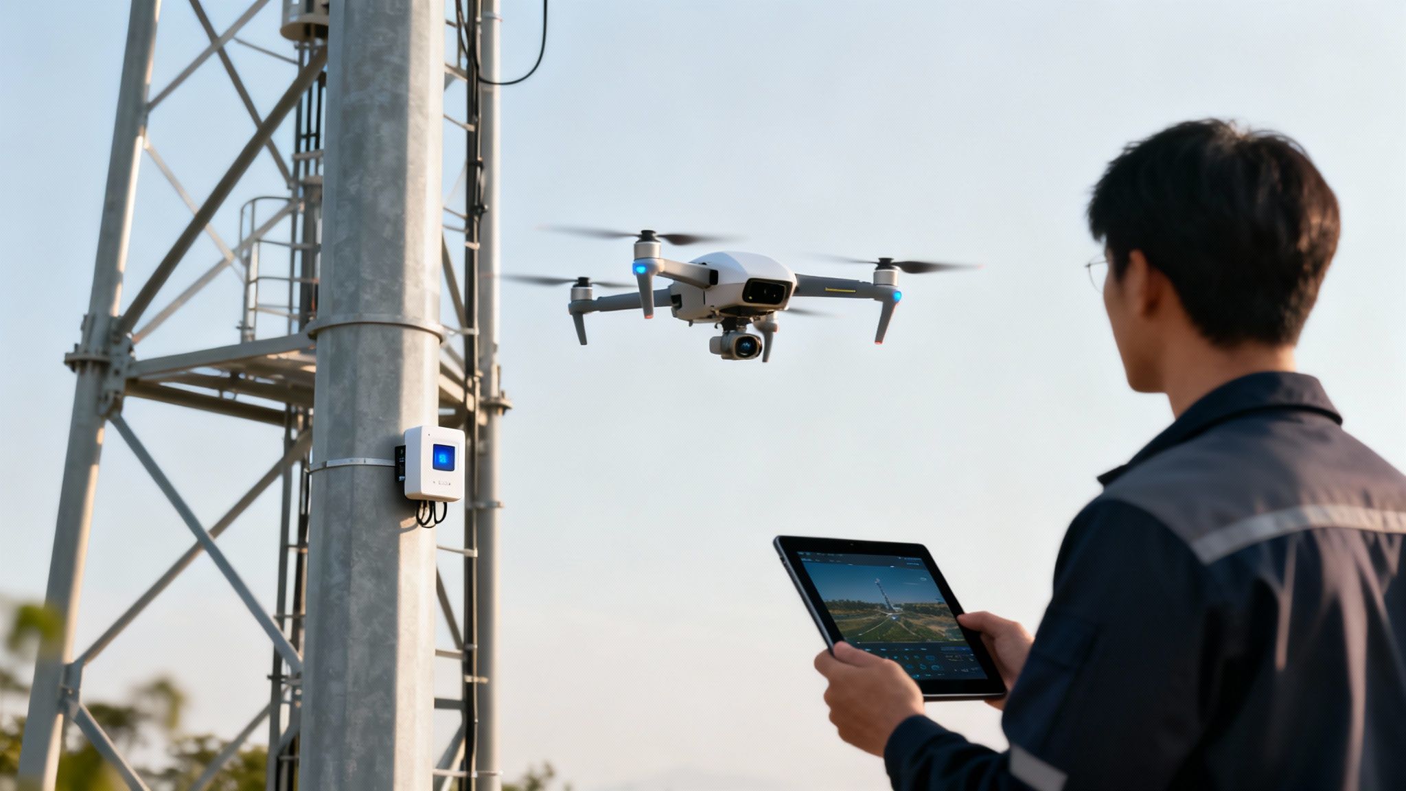 A technician operates a drone with a tablet to inspect a cellular tower.