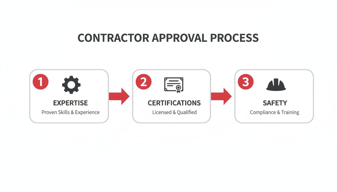 A contractor approval process flowchart showing three steps: Expertise, Certifications, and Safety.