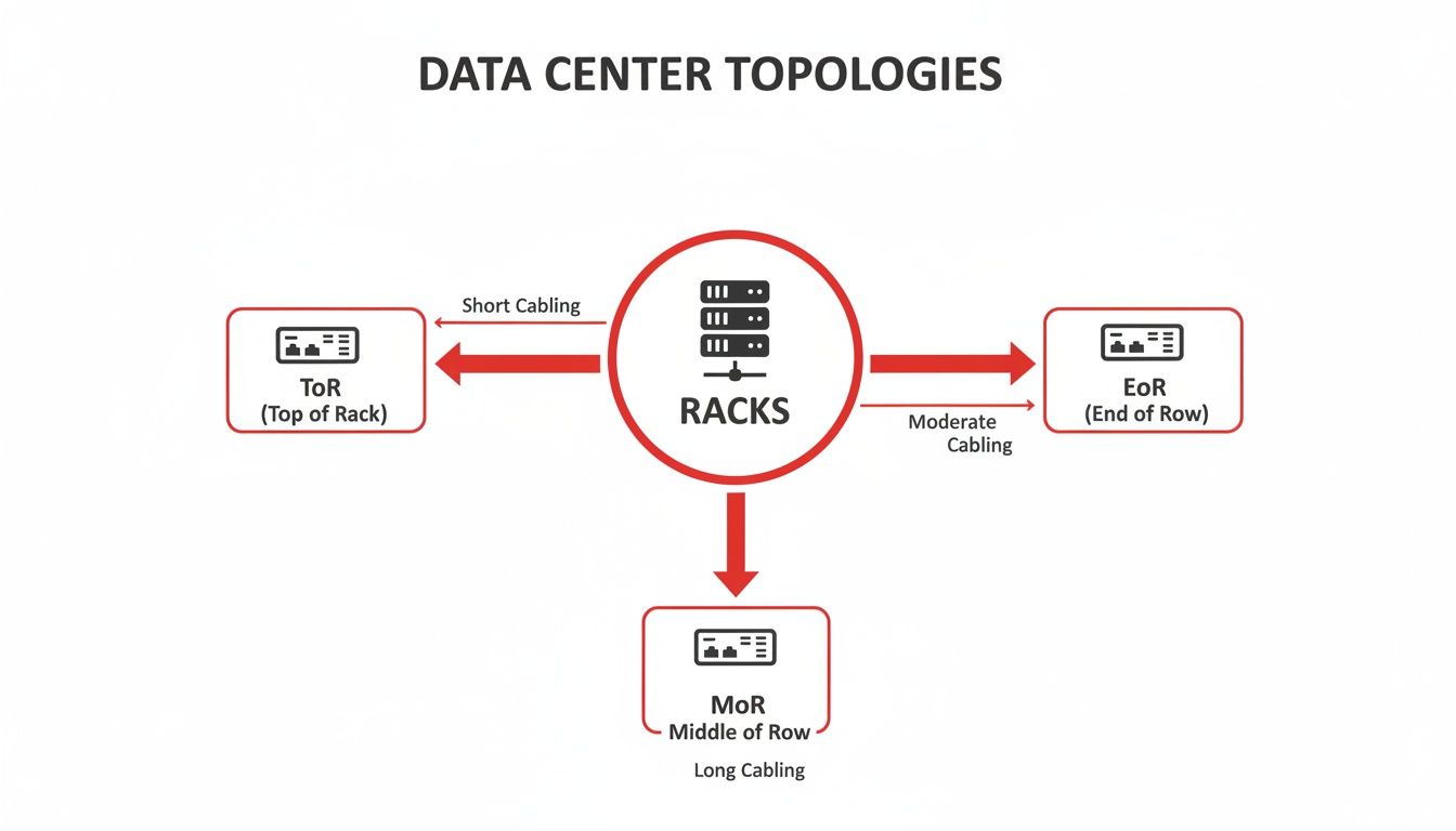 Diagram illustrating data center cabling topologies: Top of Rack, End of Row, and Middle of Row.
