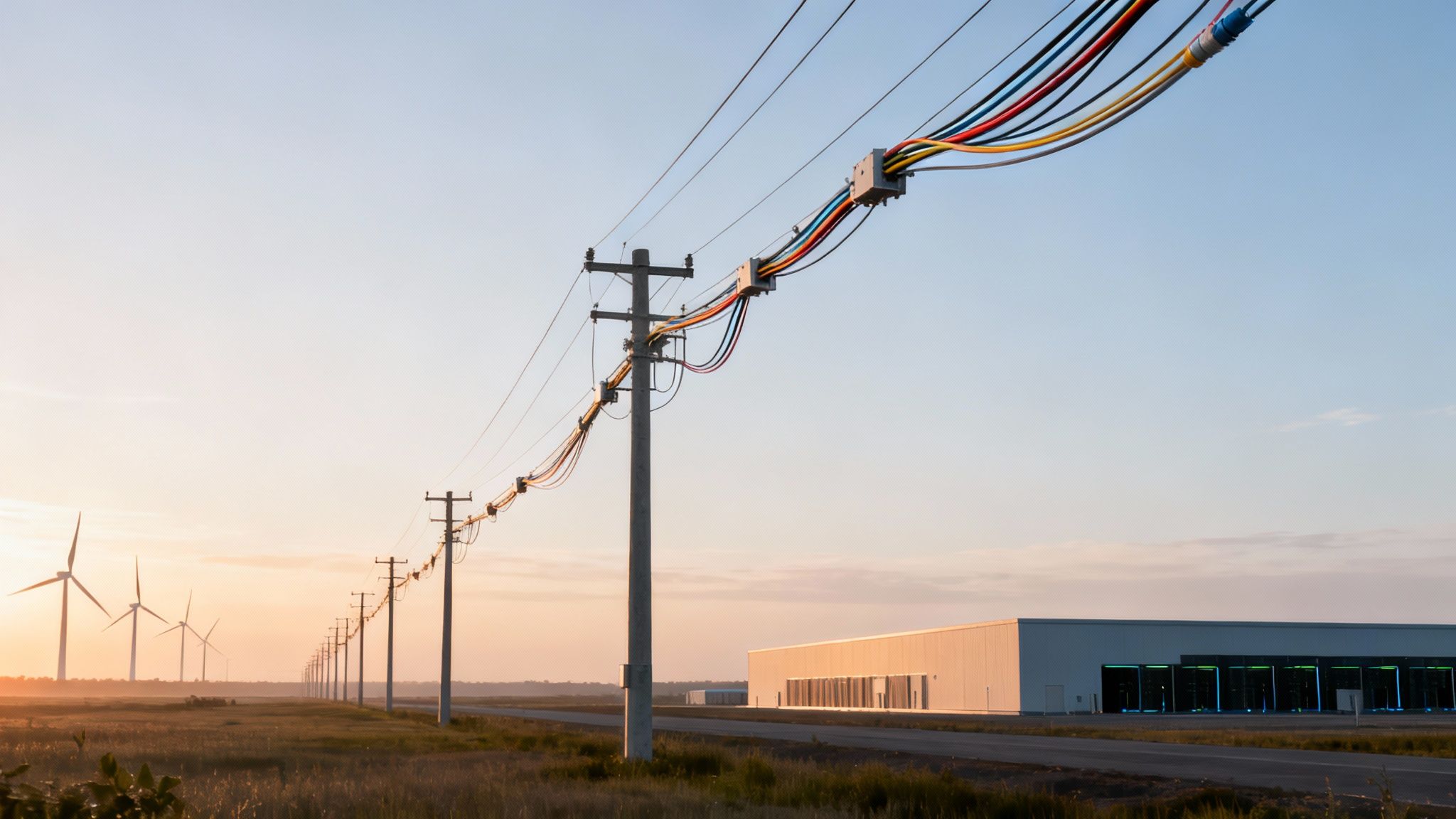 Industrial landscape at dawn, featuring power lines, wind turbines, and a large data center facility.