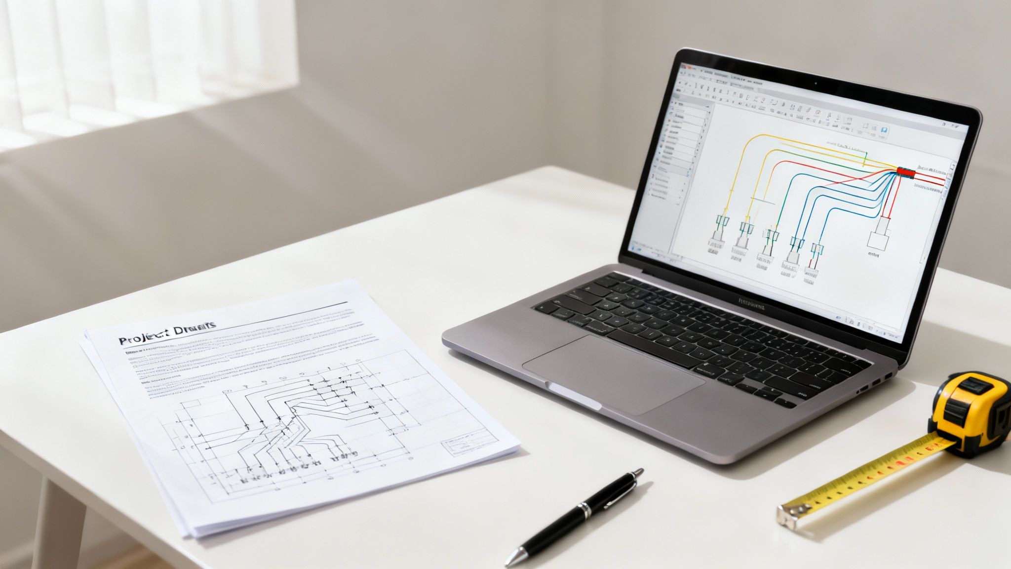 A desk with a laptop displaying a circuit diagram, project documents, a pen, and a measuring tape.