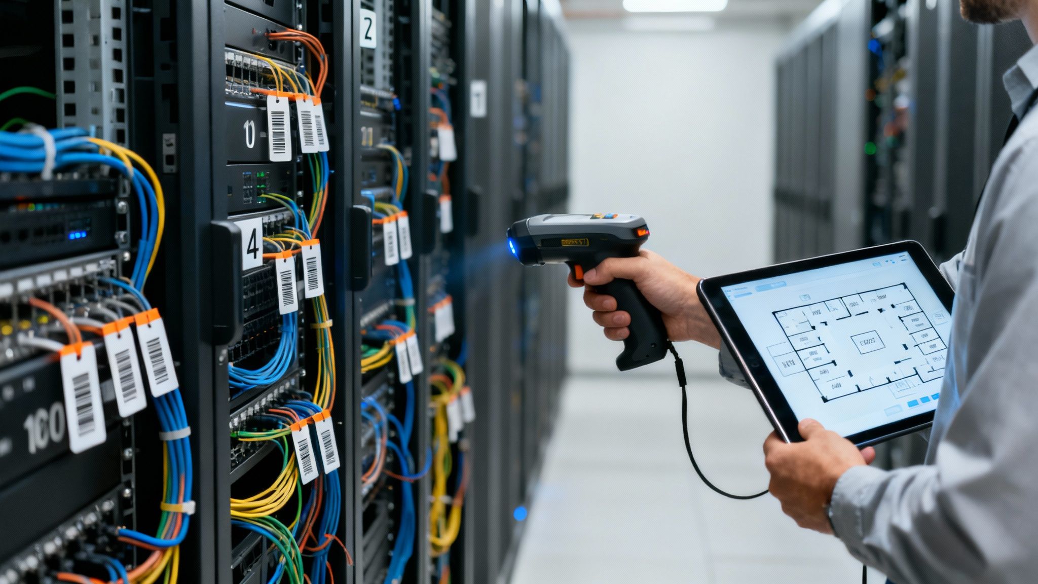 Technician scanning server rack barcodes in a data center while viewing a floor plan on a tablet.