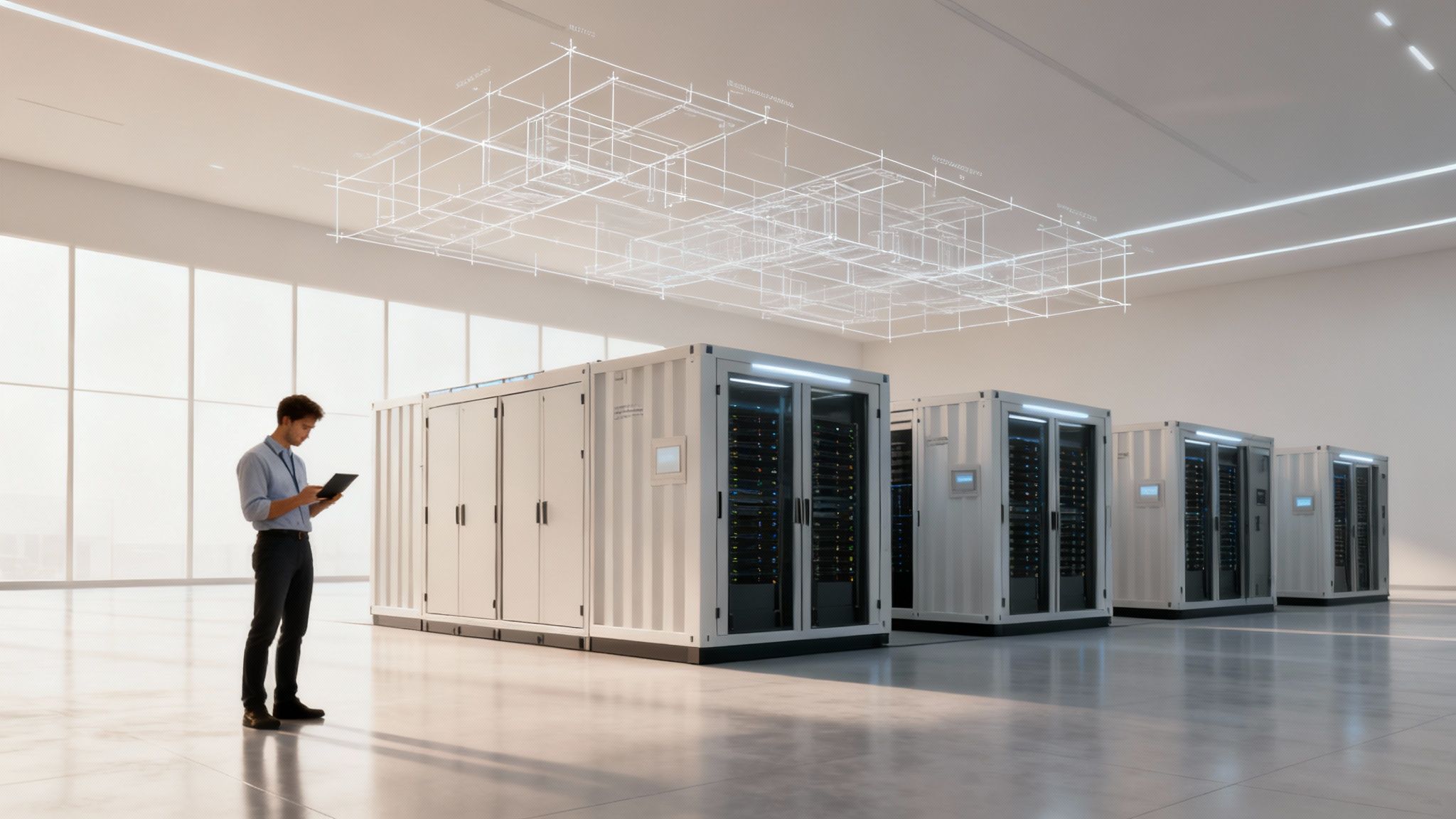 A man inspects modular data center units with a tablet in a modern room with holographic plans.