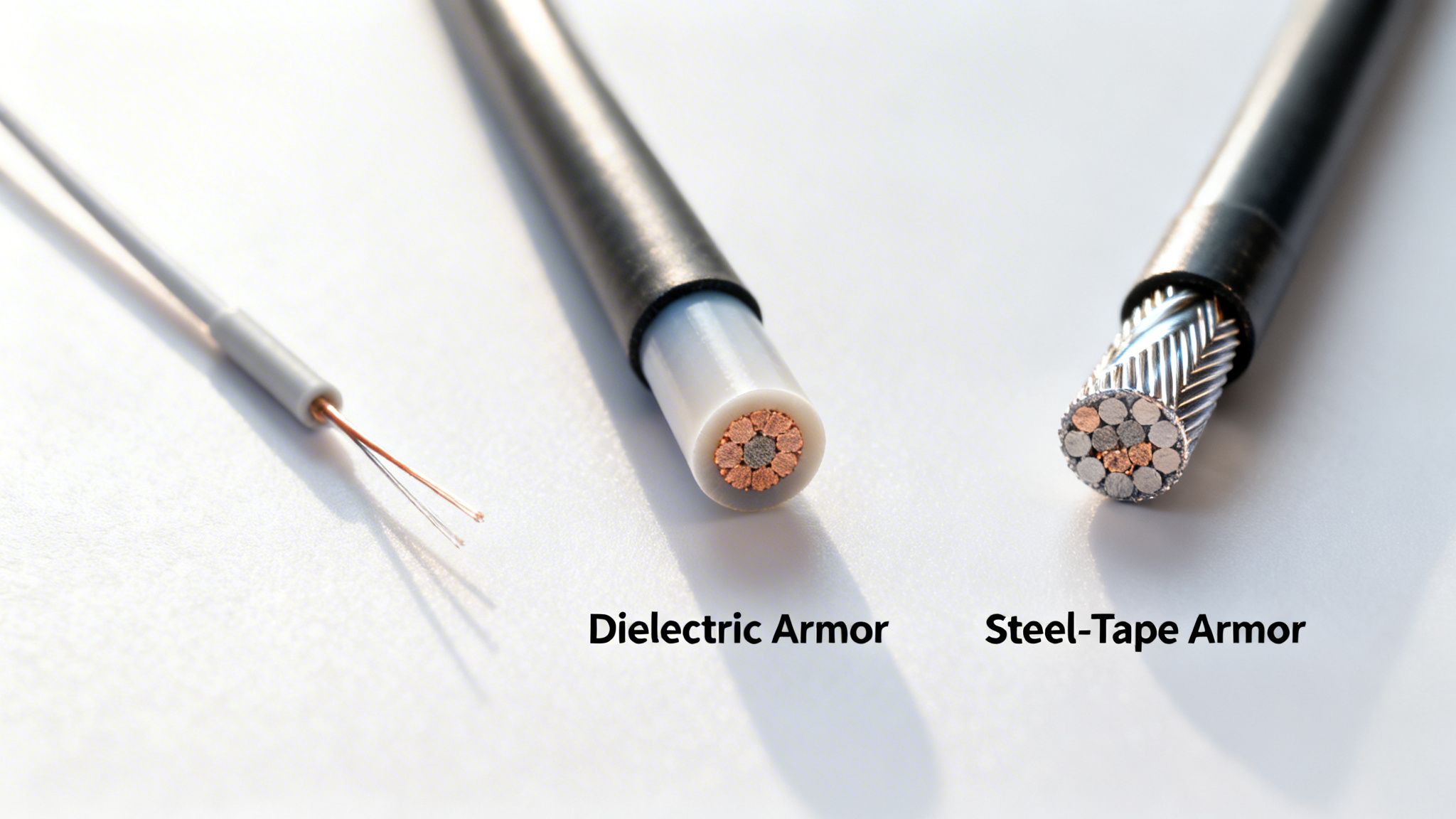 Close-up of three different types of fiber optic cables, including dielectric and steel-tape armored versions.