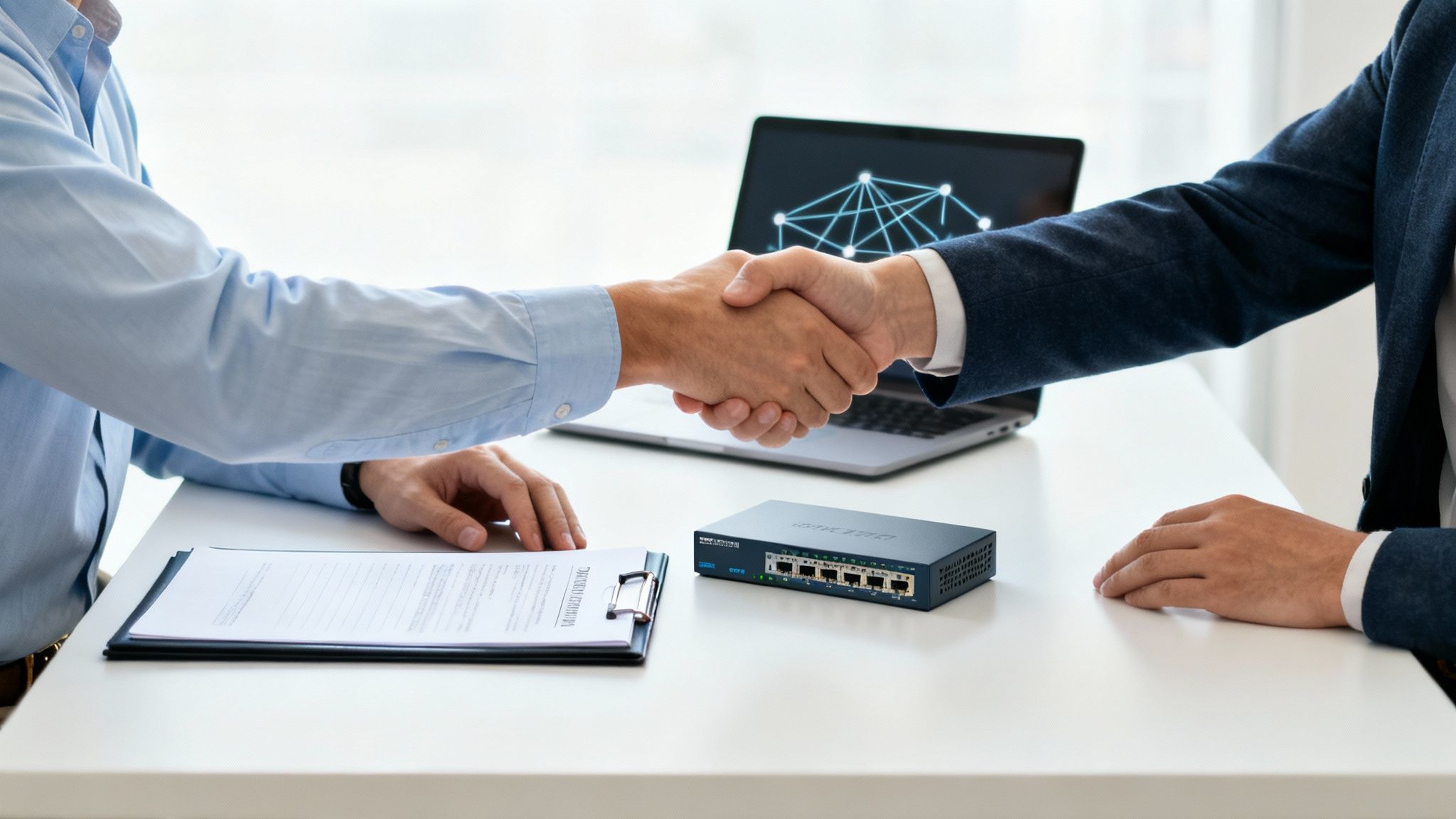 Two businessmen shaking hands over a table with a laptop and network switch, symbolizing a deal.
