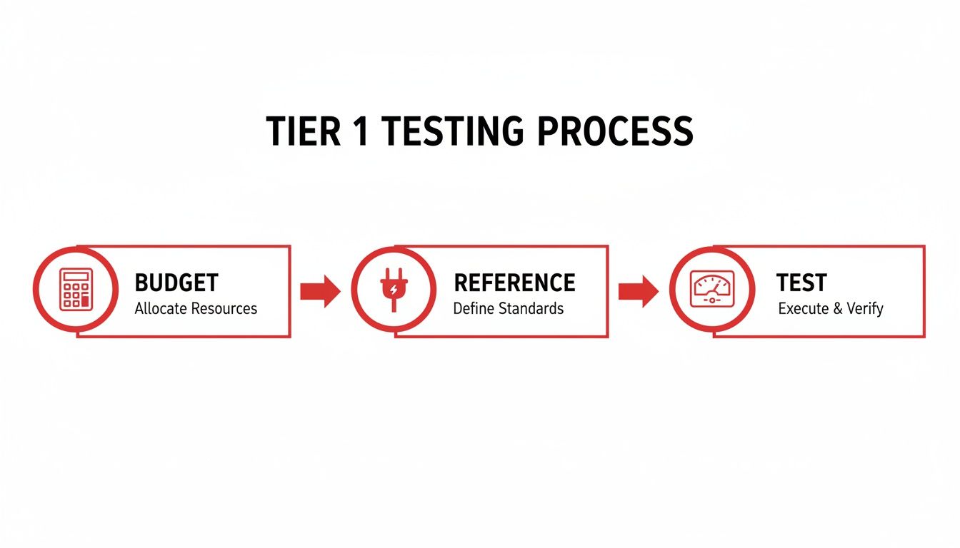Flowchart showing Tier 1 Testing Process steps: Budget, Reference, and Test, with corresponding icons.