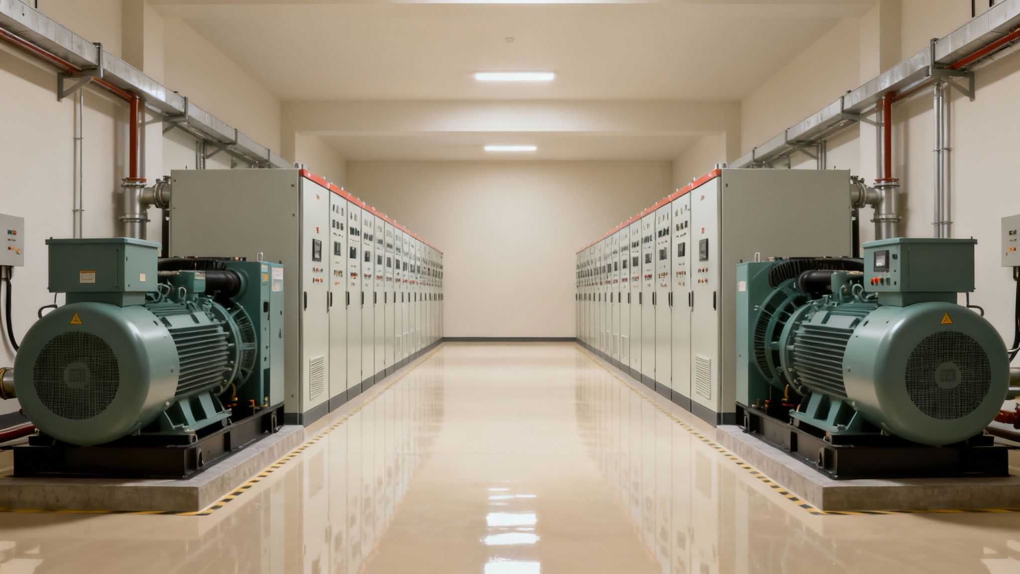 A symmetrical view of a data center power room with large teal generators and rows of electrical control panels.