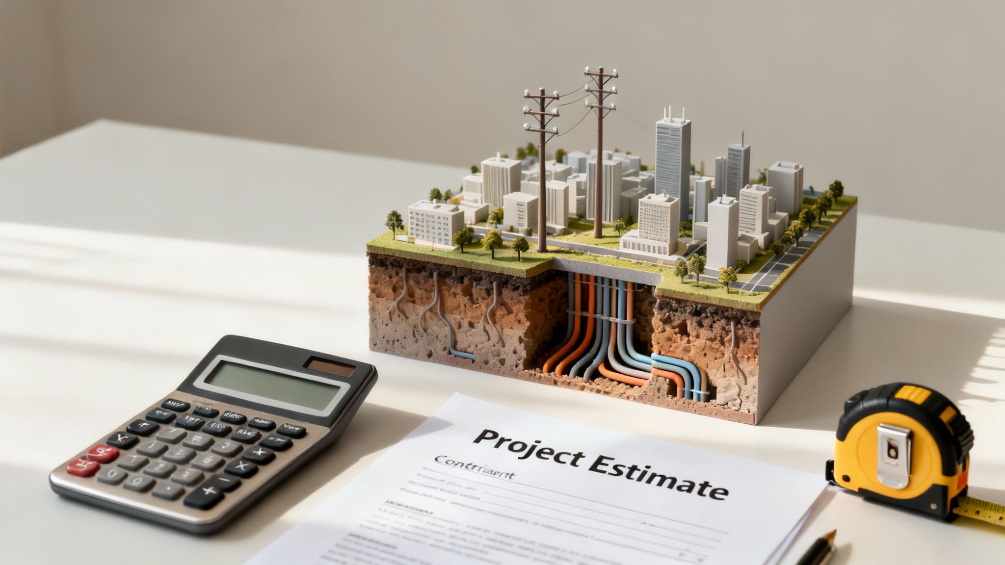 A detailed city model showing underground fiber optic cables, with project estimate document and tools.