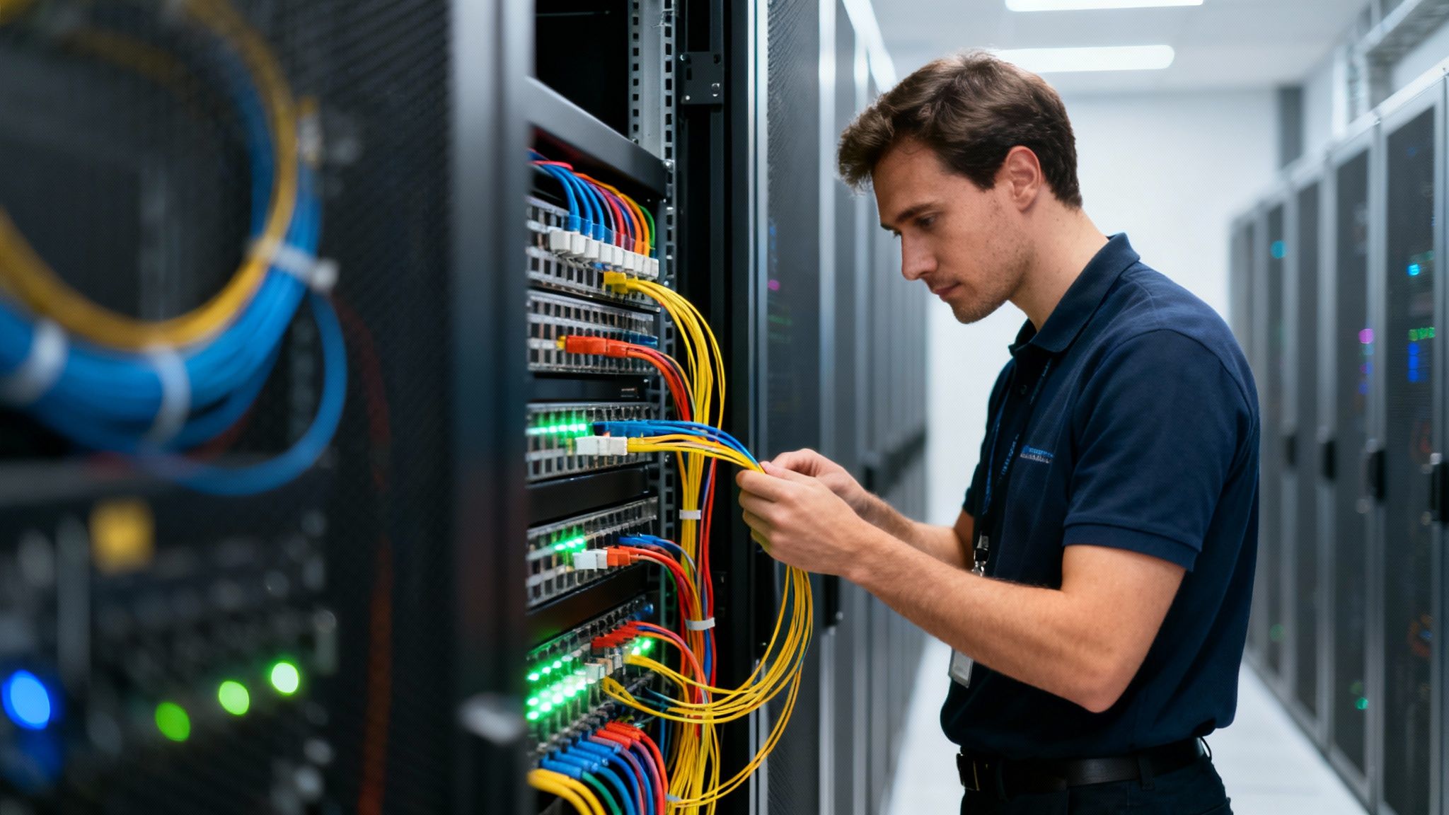 A male technician connects colorful fiber optic cables to servers in a modern data center.